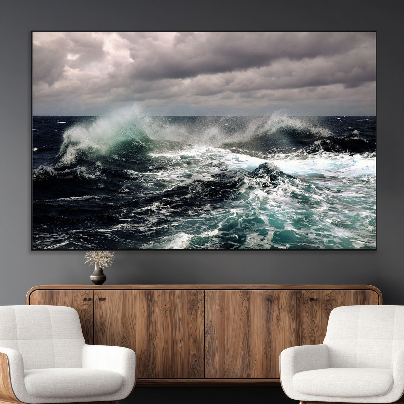 Powerful ocean waves crashing under stormy skies, creating a dynamic and intense seascape.