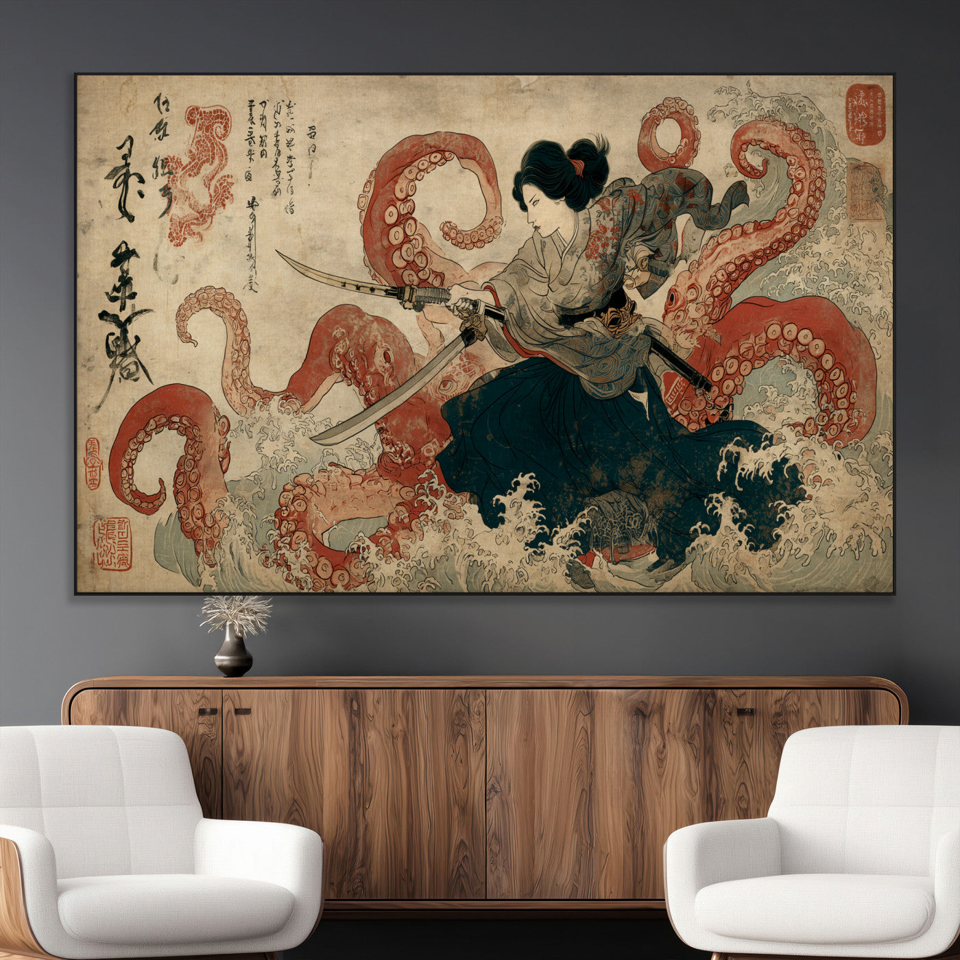 Tsukioka Yoshitoshi Samurai Wall Art Print, Japanese Katana Warrior Canvas Wall Art, Octopus Sea Monster Canvas Print,