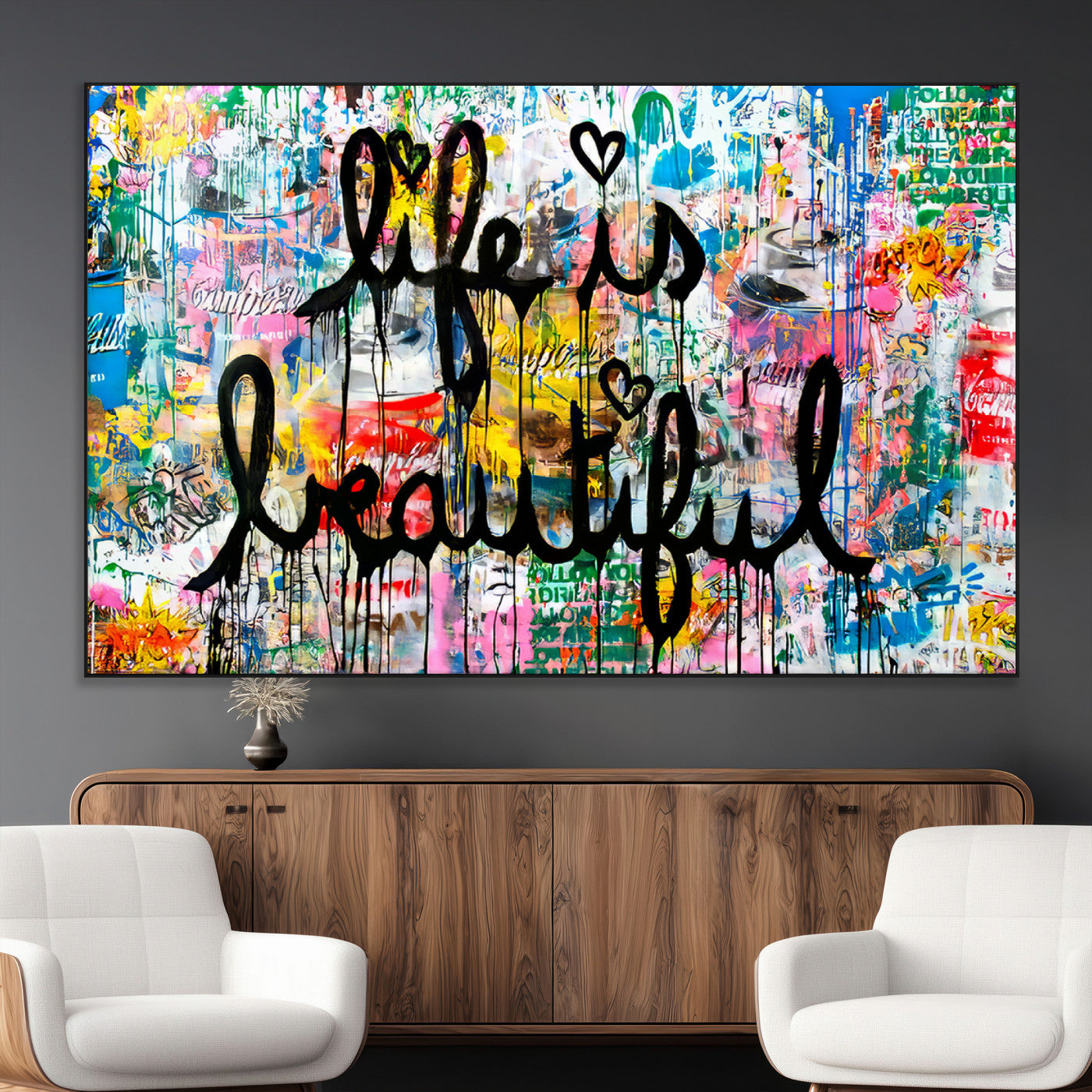 Colorful urban-style canvas with graffiti text “Life is Beautiful” in black paint, ideal for bold or street-themed home decor.