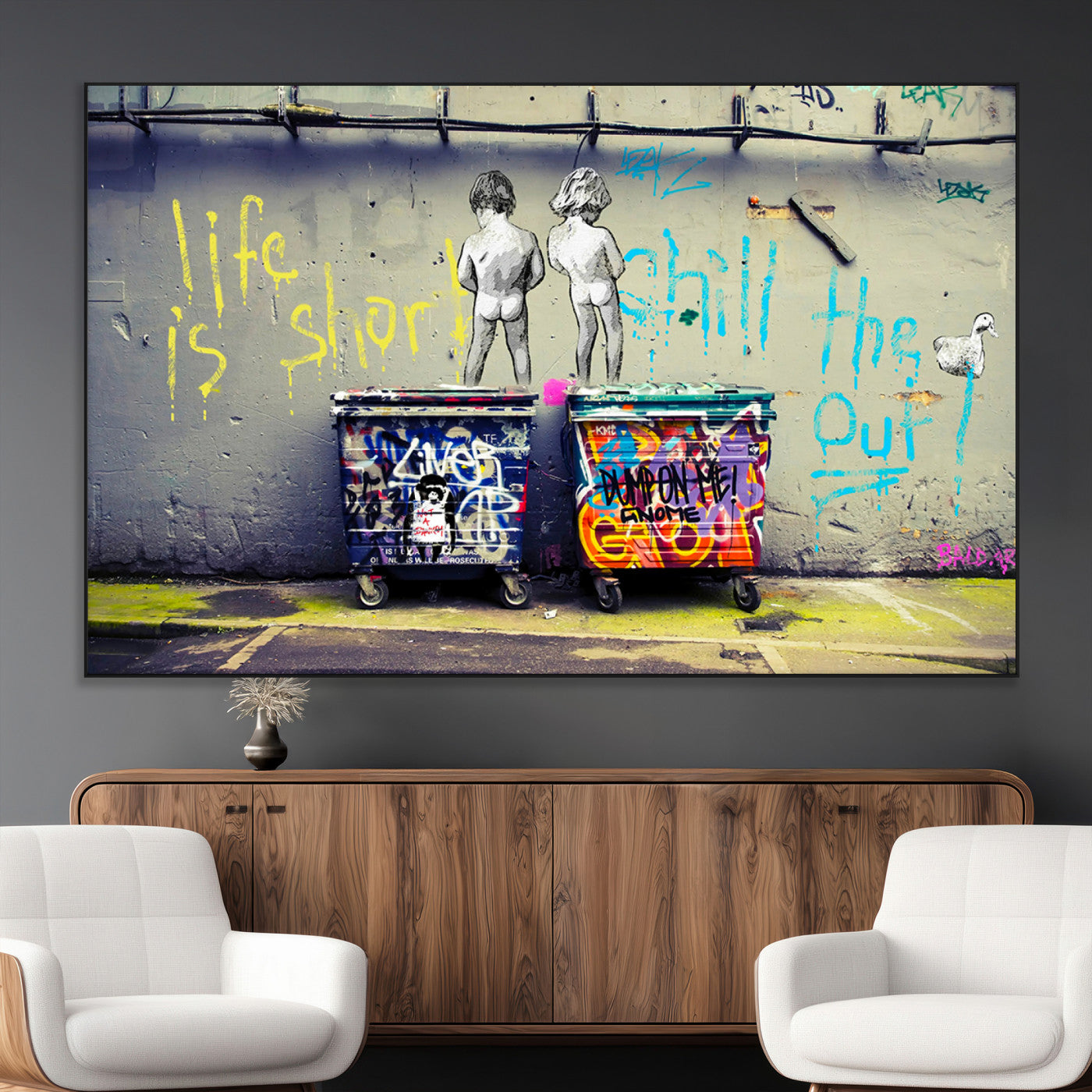Graffiti-style canvas art with bold text and two naked figures over urban dumpsters, ideal for edgy or street-style decor.