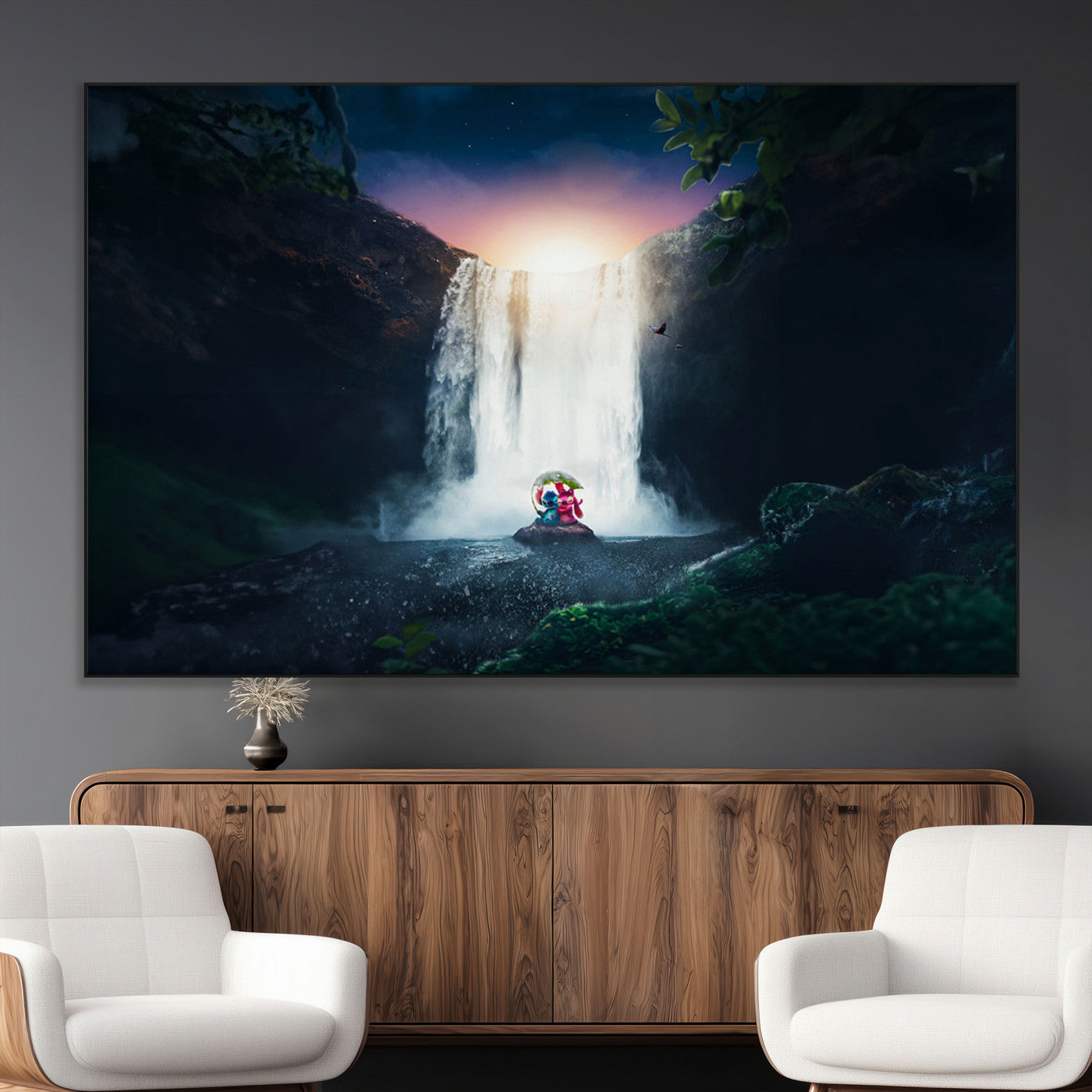 Romantic scene of Stitch and Angel sitting under a leaf in front of a glowing waterfall, ideal for tropical or fantasy-themed decor.