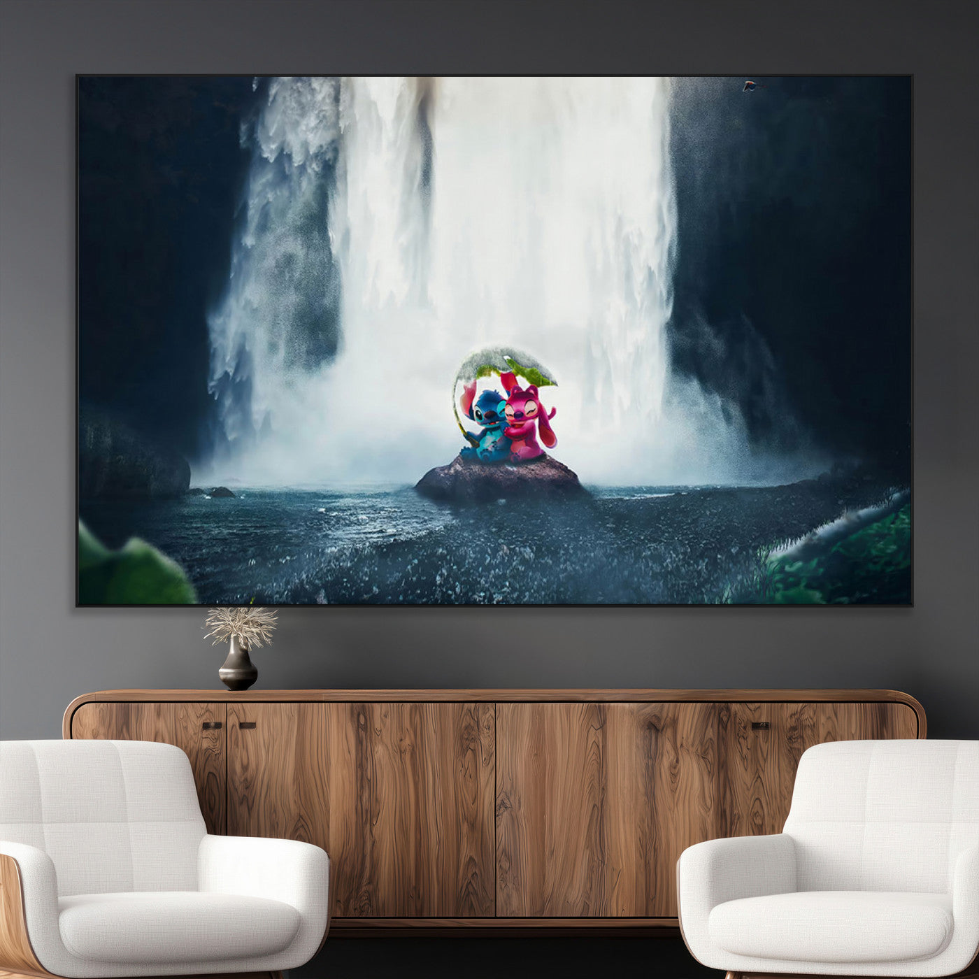 Fantasy canvas of Stitch and Angel under a leaf umbrella in front of a dramatic waterfall, perfect for moody jungle-themed or animated decor.