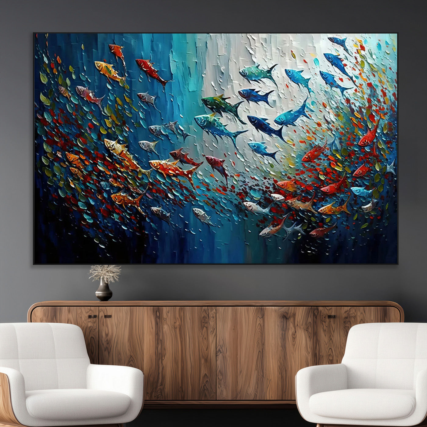 Colorful painting of fish swimming in abstract ocean swirls, perfect for vibrant marine-themed or expressive coastal home decor.