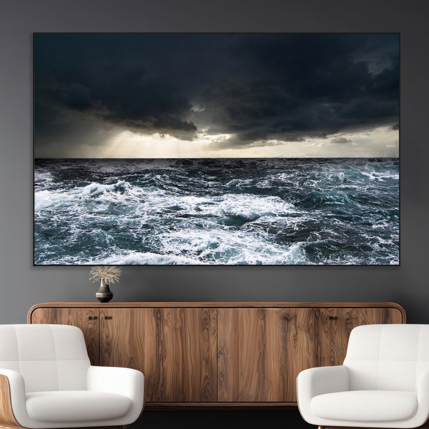 Moody ocean scene with stormy skies and crashing waves, perfect for dramatic or coastal-style home wall decor.
