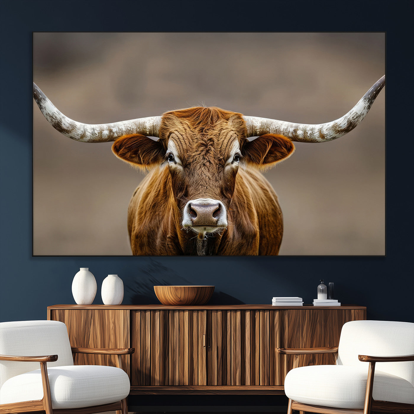 Close-up of a Texas Longhorn with strong curved horns and warm brown tones, perfect for rustic or western-style wall decor.