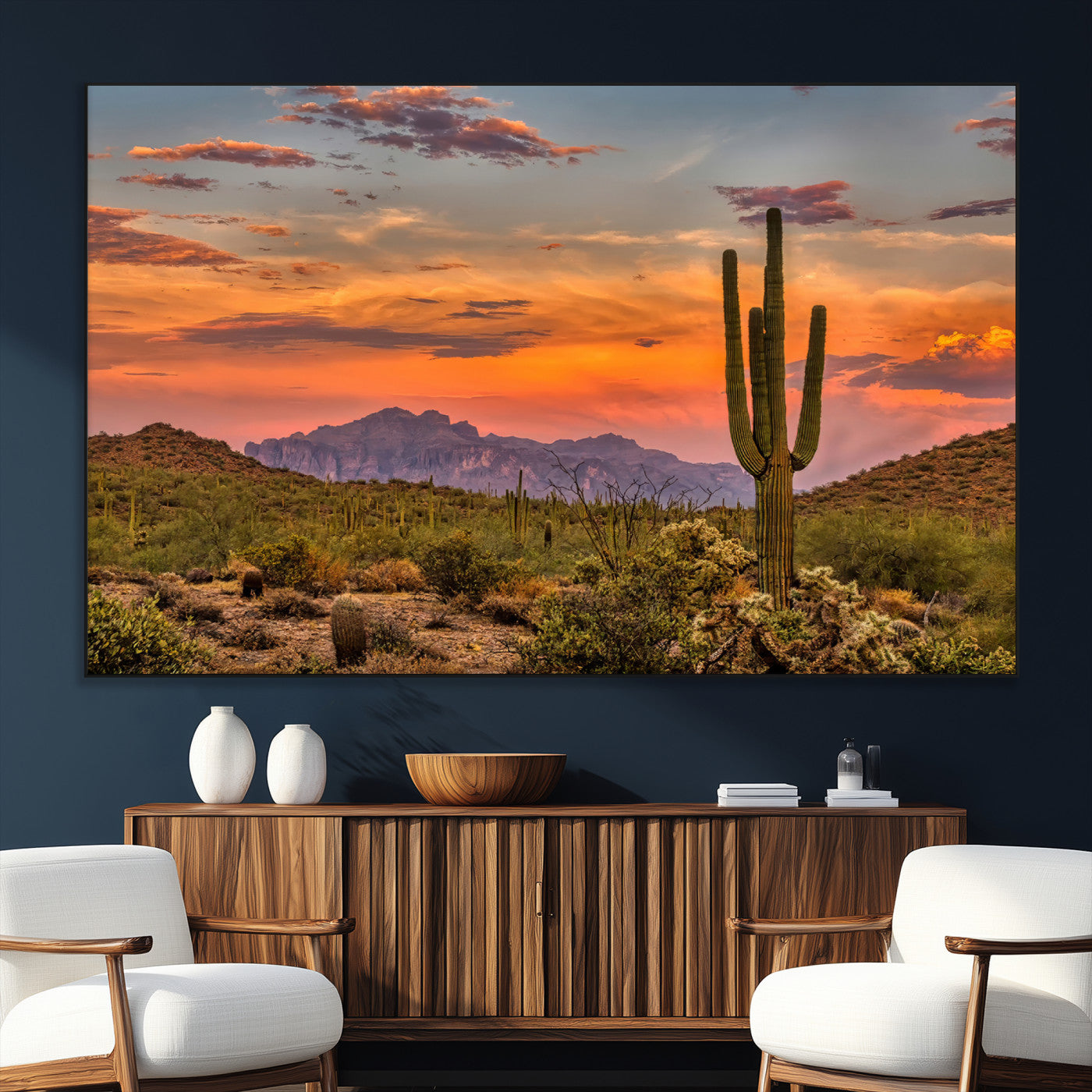 Vibrant desert sunset with saguaro cacti and distant mountains, perfect for Southwestern or warm-toned home decor.
