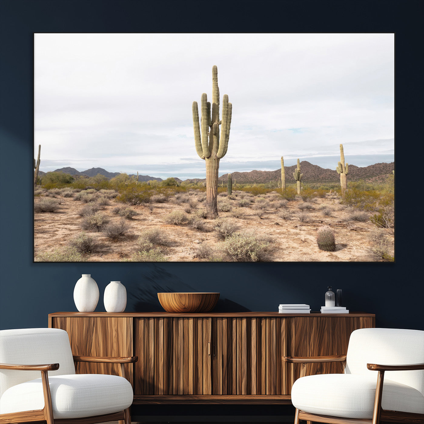 Canvas of a saguaro cactus in an earthy Sonoran desert landscape, ideal for Southwestern Boho or desert minimalism inspired home decor. 2/2