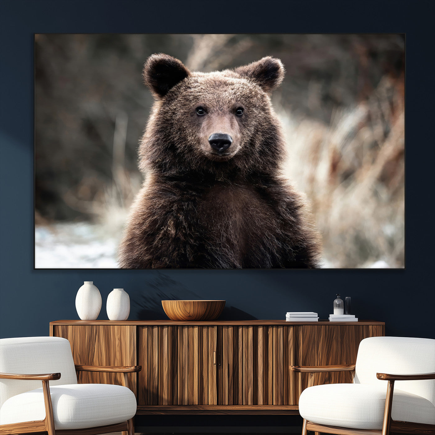 Canvas of a brown bear in soft earthy tones and moody forest light, ideal for rustic cabin or woodland nature-themed home decor.