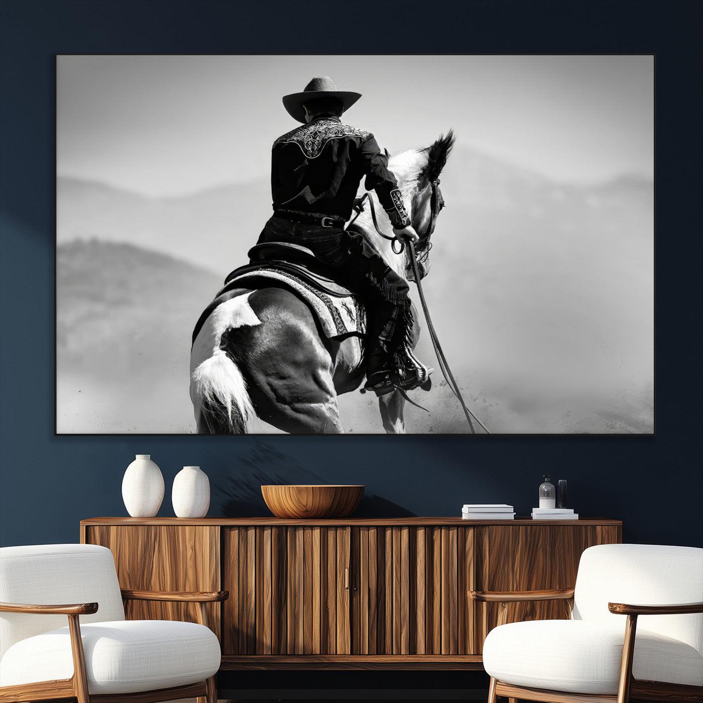Black and white canvas of a cowboy on horseback with moody tones, perfect for rustic western or country-inspired home decor.