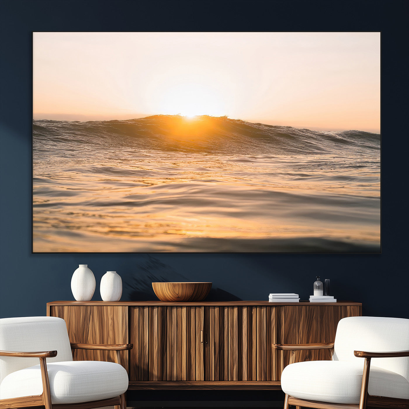 Ocean waves glowing under a warm golden sunset, reflecting soft light and calm movement, perfect for warm minimalist coastal interiors.