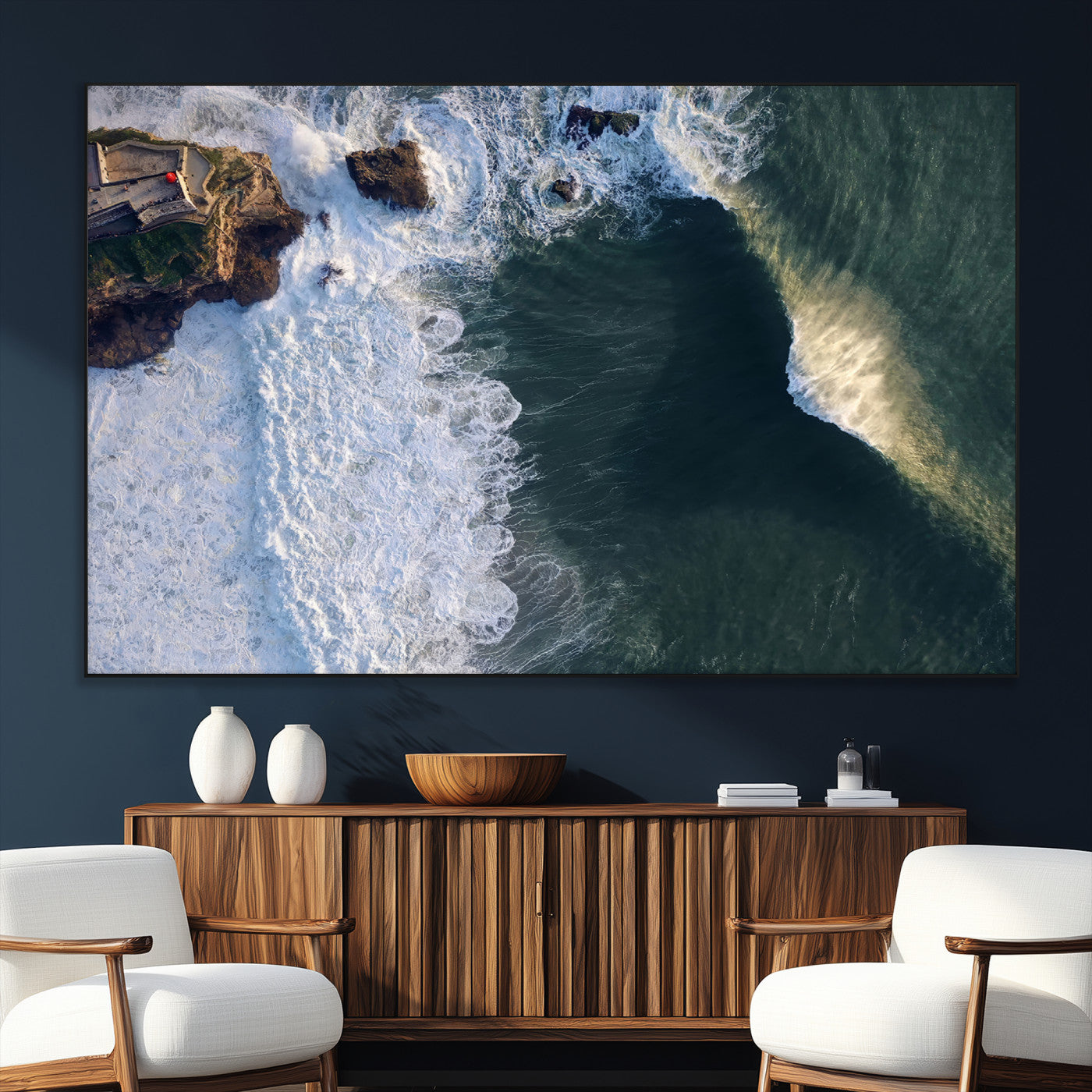 Canvas showing an aerial view of crashing waves along the Nazaré coastline, perfect for dramatic coastal or ocean-themed home decor.
