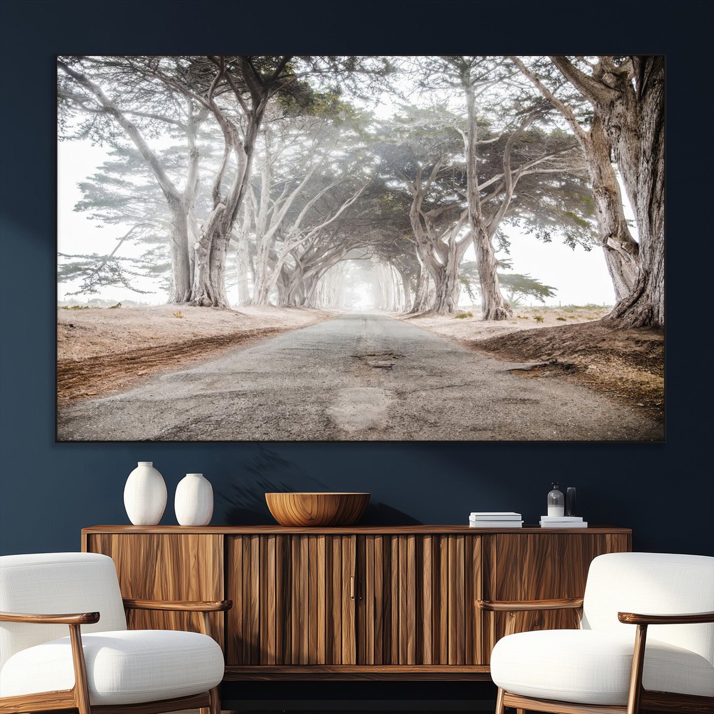 Canvas of a misty tree tunnel with arching cypress trees and an earthy road, ideal for rustic or coastal nature decor.