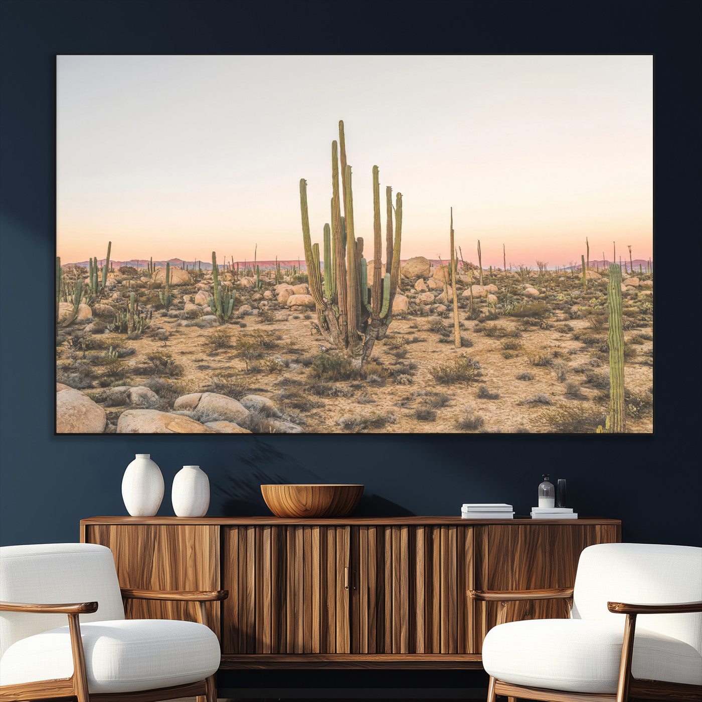 Canvas of tall desert cacti in warm sunset tones over a rocky Baja landscape, ideal for earthy or Southwestern-style home decor.