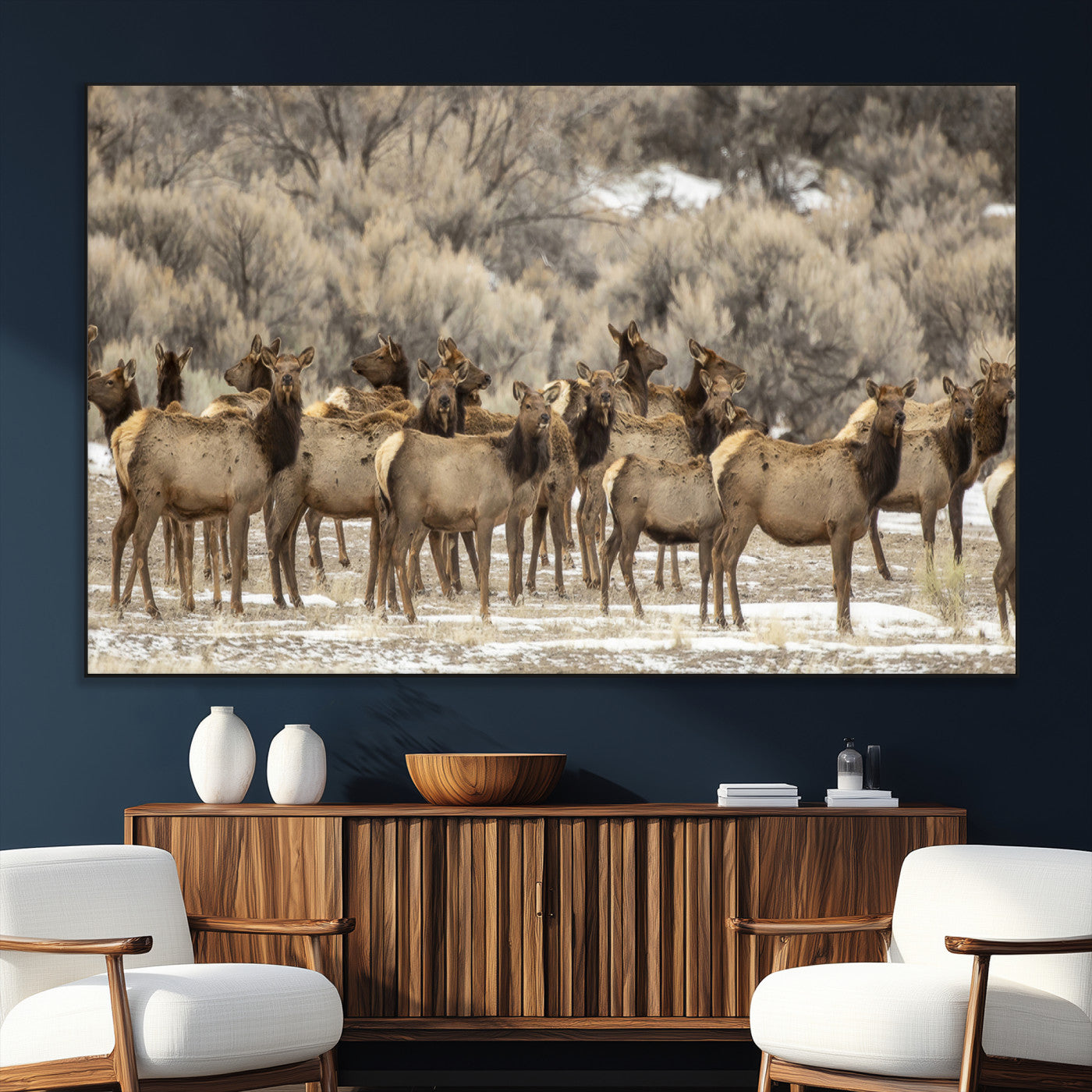 A large herd of elk standing in an open field with soft earthy tones, ideal for rustic lodge or western-themed home wall decor.
