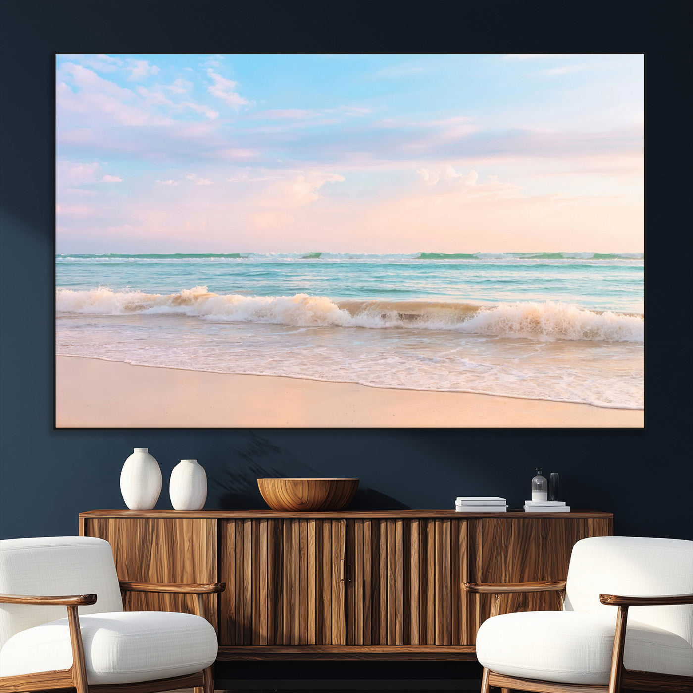 A peaceful beach scene with soft pastel skies, gentle waves washing up on the sandy shore, creating a calm and serene ocean view.