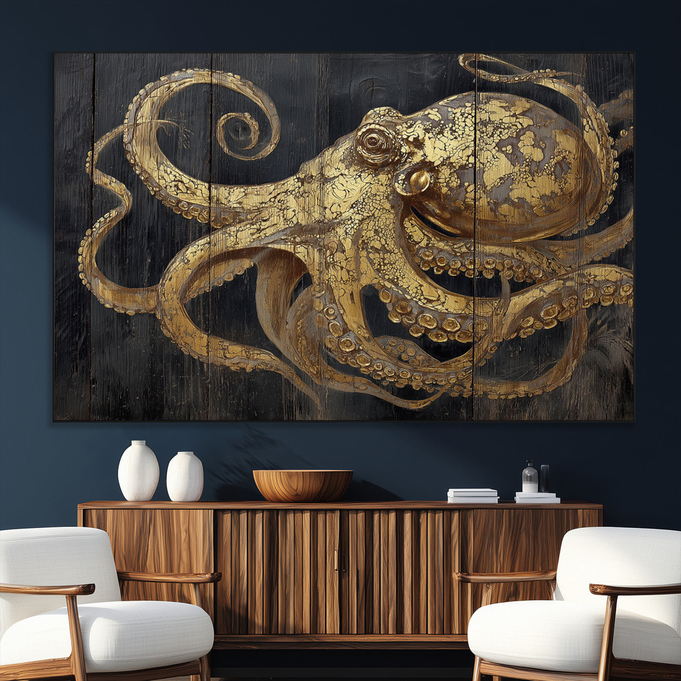 A detailed gold illustration of an octopus on black wooden planks, showing its intricate tentacles and textured skin in an artistic style.