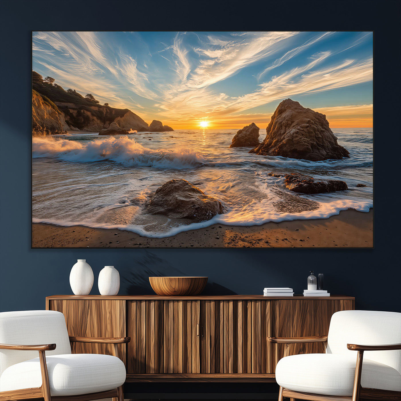 Rocky Ocean Sunset Wall Art Print, Seaside Canvas Wall Art, Dramatic Seascape Canvas Print for Coastal Modern Decor, Ocean Sunset Art Printing