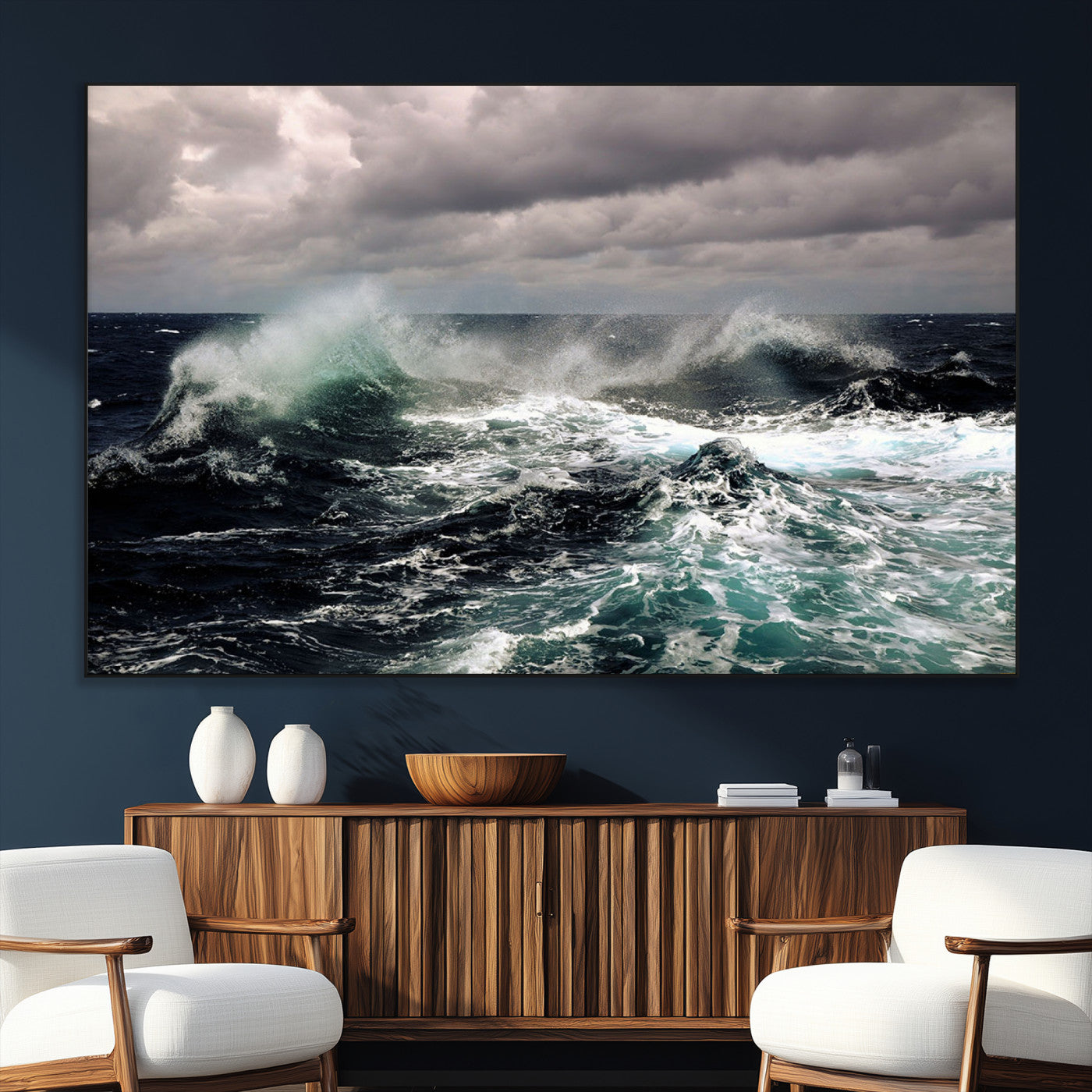 Powerful ocean waves crashing under stormy skies, creating a dynamic and intense seascape.
