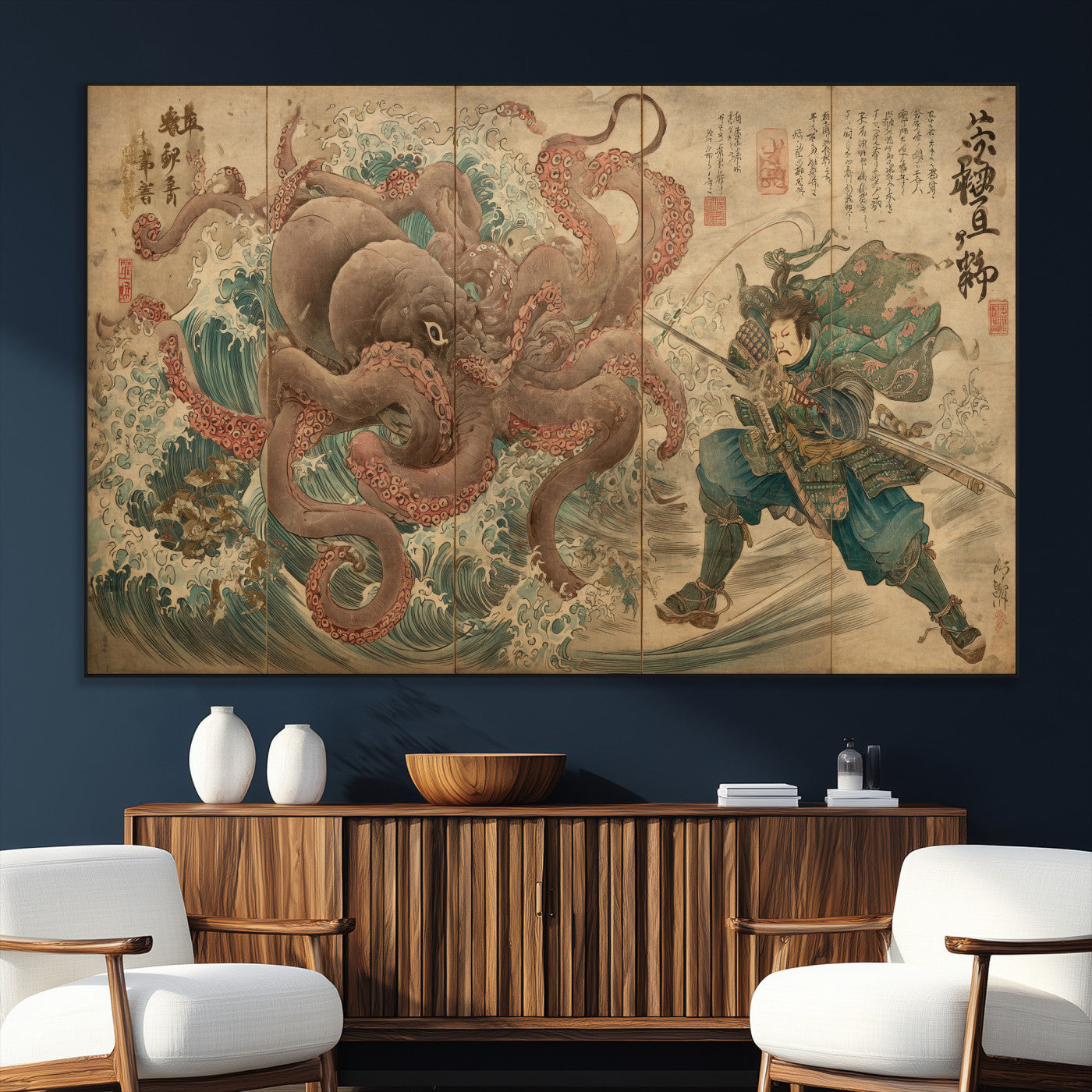 Tsukioka Yoshitoshi Samurai Wall Art Print, Japanese Katana Warrior Canvas Wall Art, Octopus Sea Monster Canvas Print,