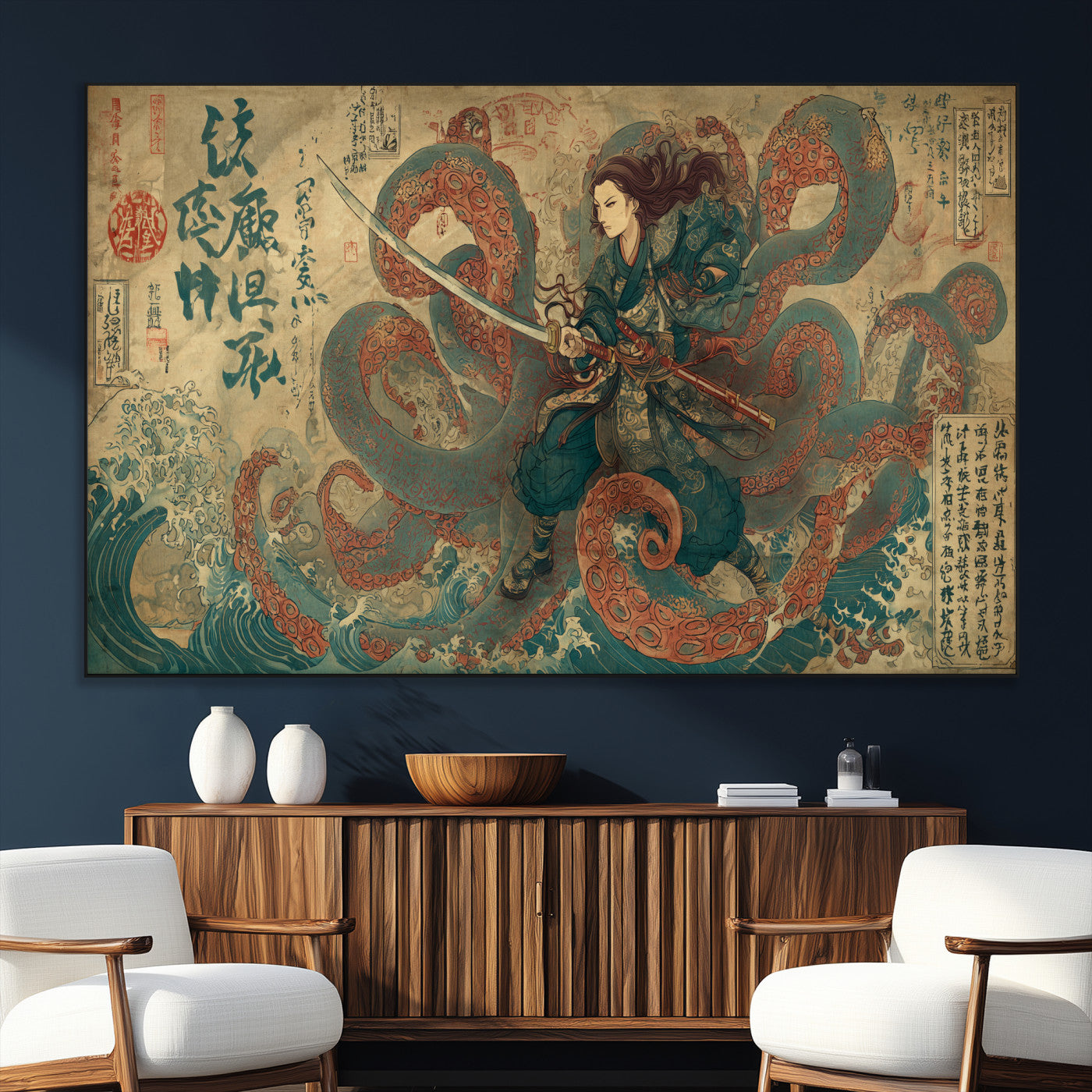 Tsukioka Yoshitoshi Samurai Wall Art Print, Japanese Katana Warrior Canvas Wall Art, Octopus Sea Monster Canvas Print,