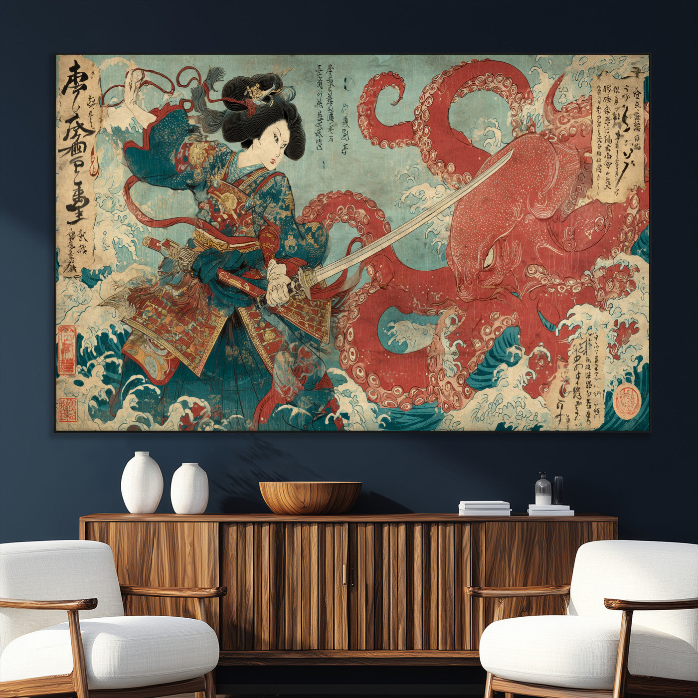Tsukioka Yoshitoshi Samurai Wall Art Print, Japanese Katana Warrior Canvas Wall Art, Octopus Sea Monster Canvas Print,