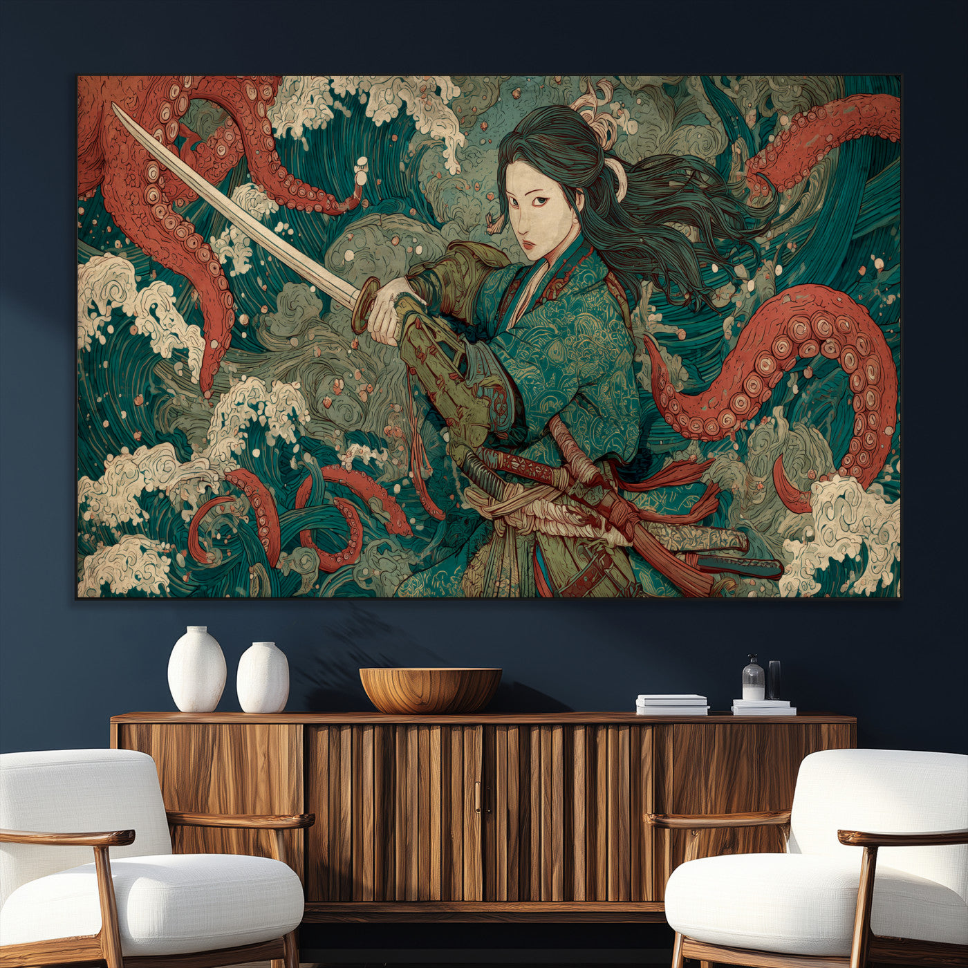 Tsukioka Yoshitoshi Samurai Wall Art Print, Japanese Katana Warrior Canvas Wall Art, Octopus Sea Monster Canvas Print,