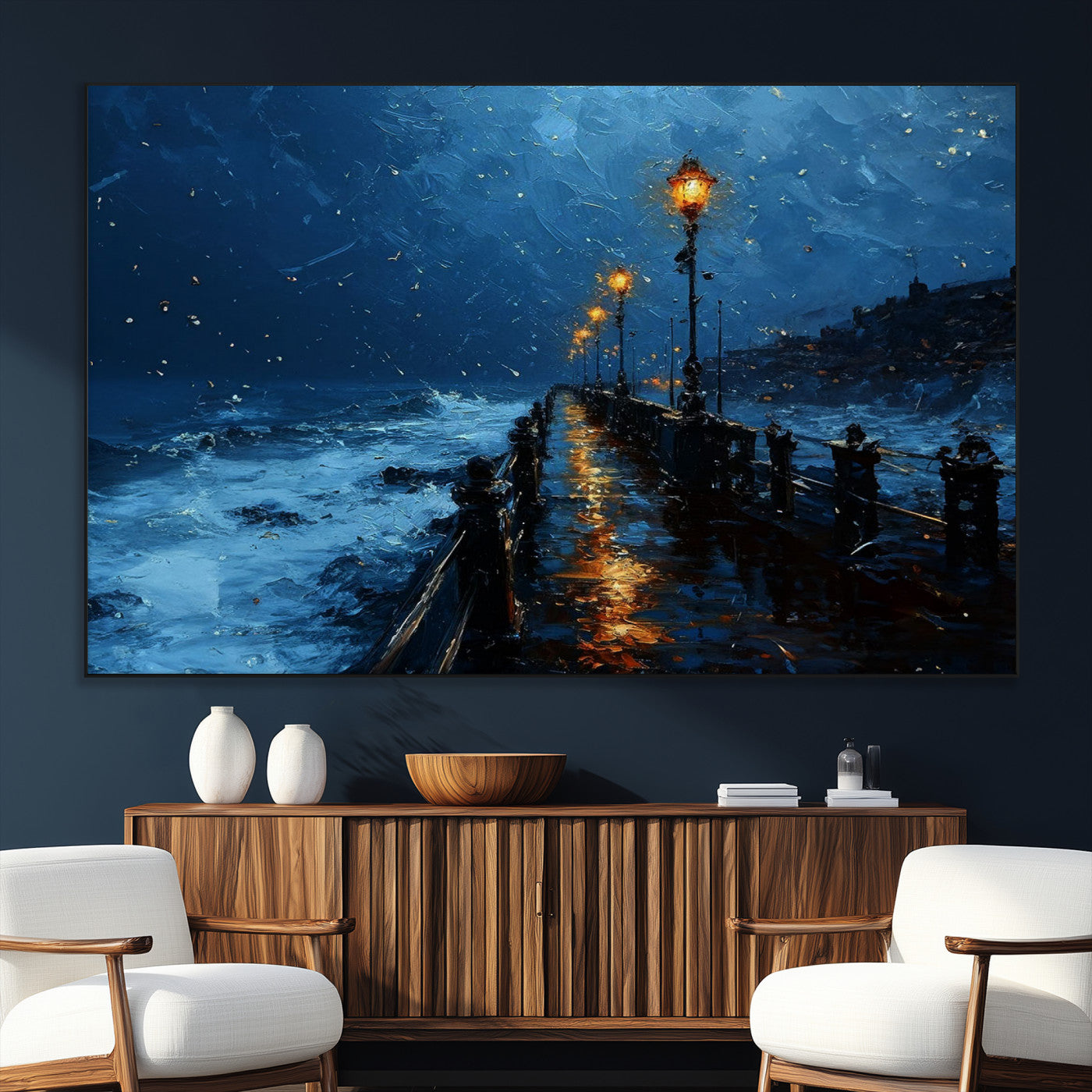 "Impressionistic painting of a rainy pier at night with glowing street lamps reflecting on the wet surface, ocean waves crashing under a dark blue sky."
