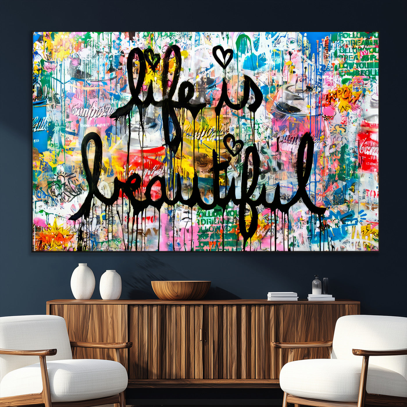 Colorful urban-style canvas with graffiti text “Life is Beautiful” in black paint, ideal for bold or street-themed home decor.