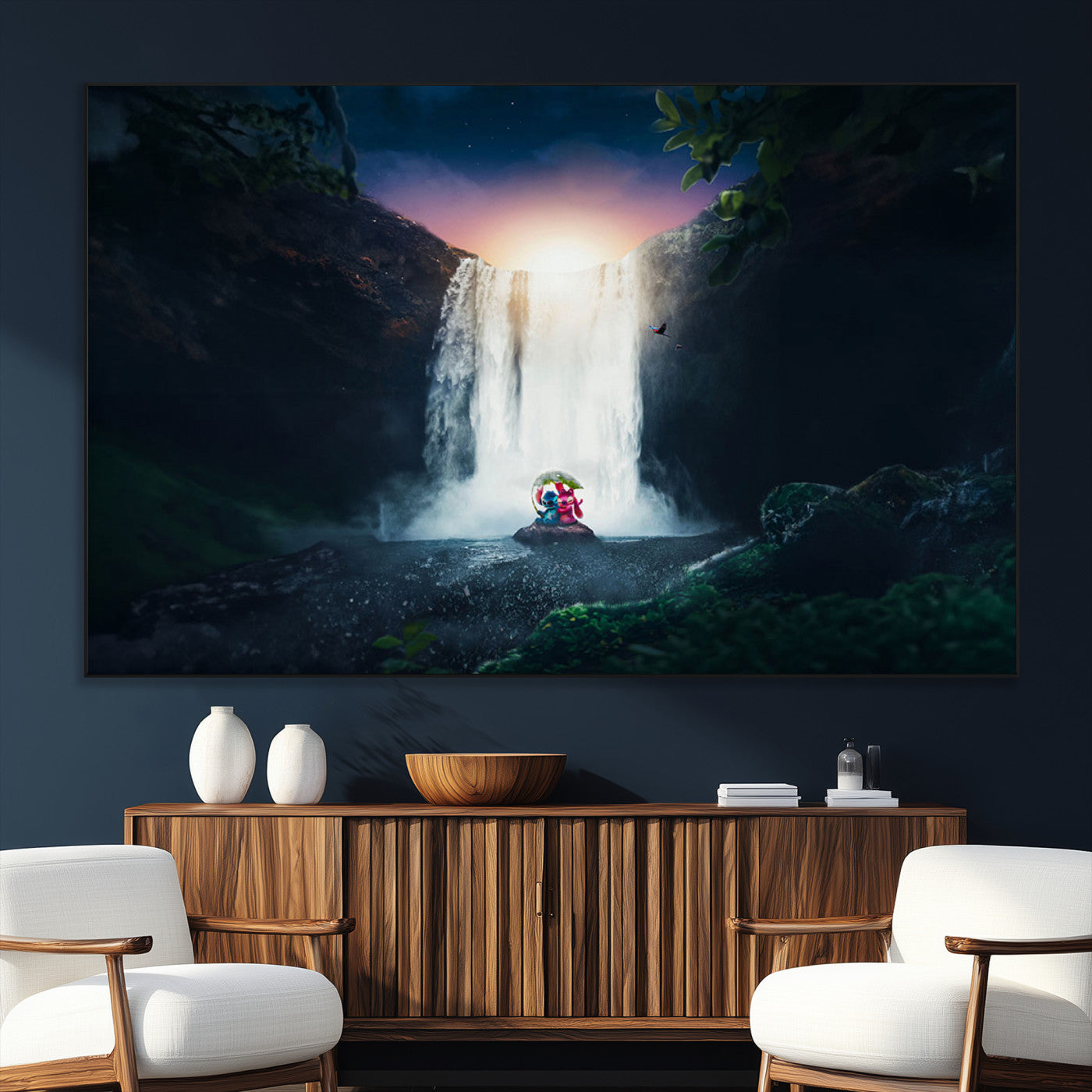 Romantic scene of Stitch and Angel sitting under a leaf in front of a glowing waterfall, ideal for tropical or fantasy-themed decor.