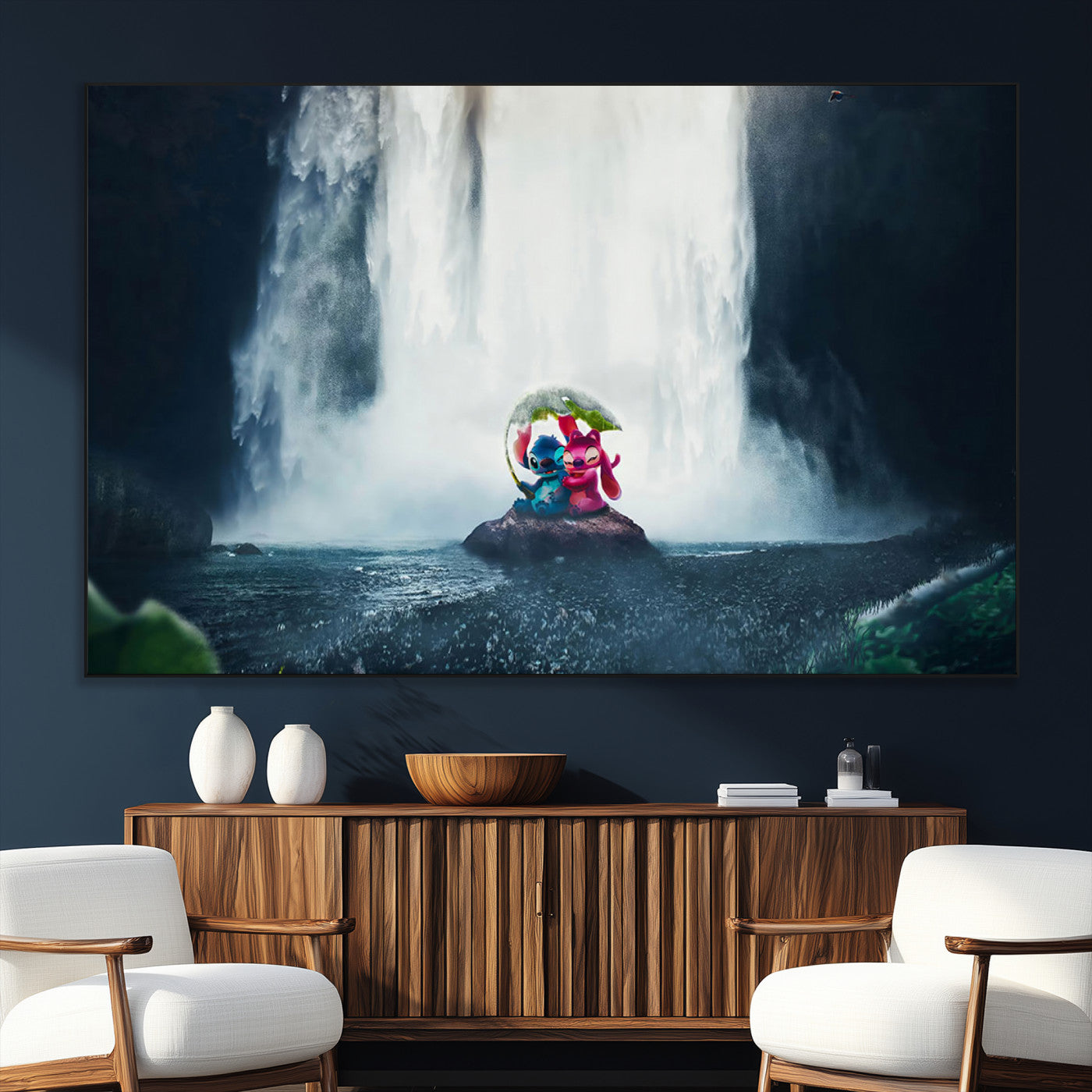 Fantasy canvas of Stitch and Angel under a leaf umbrella in front of a dramatic waterfall, perfect for moody jungle-themed or animated decor.