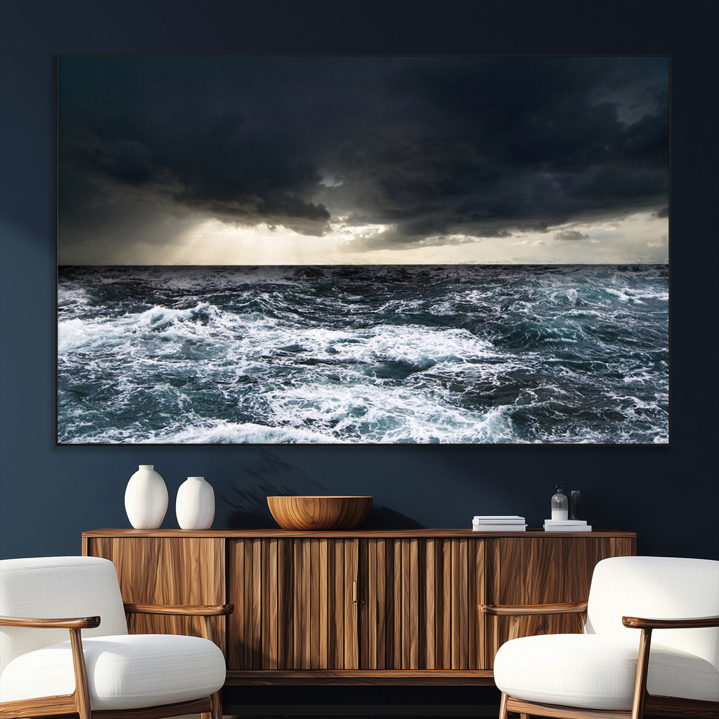 Moody ocean scene with stormy skies and crashing waves, perfect for dramatic or coastal-style home wall decor.