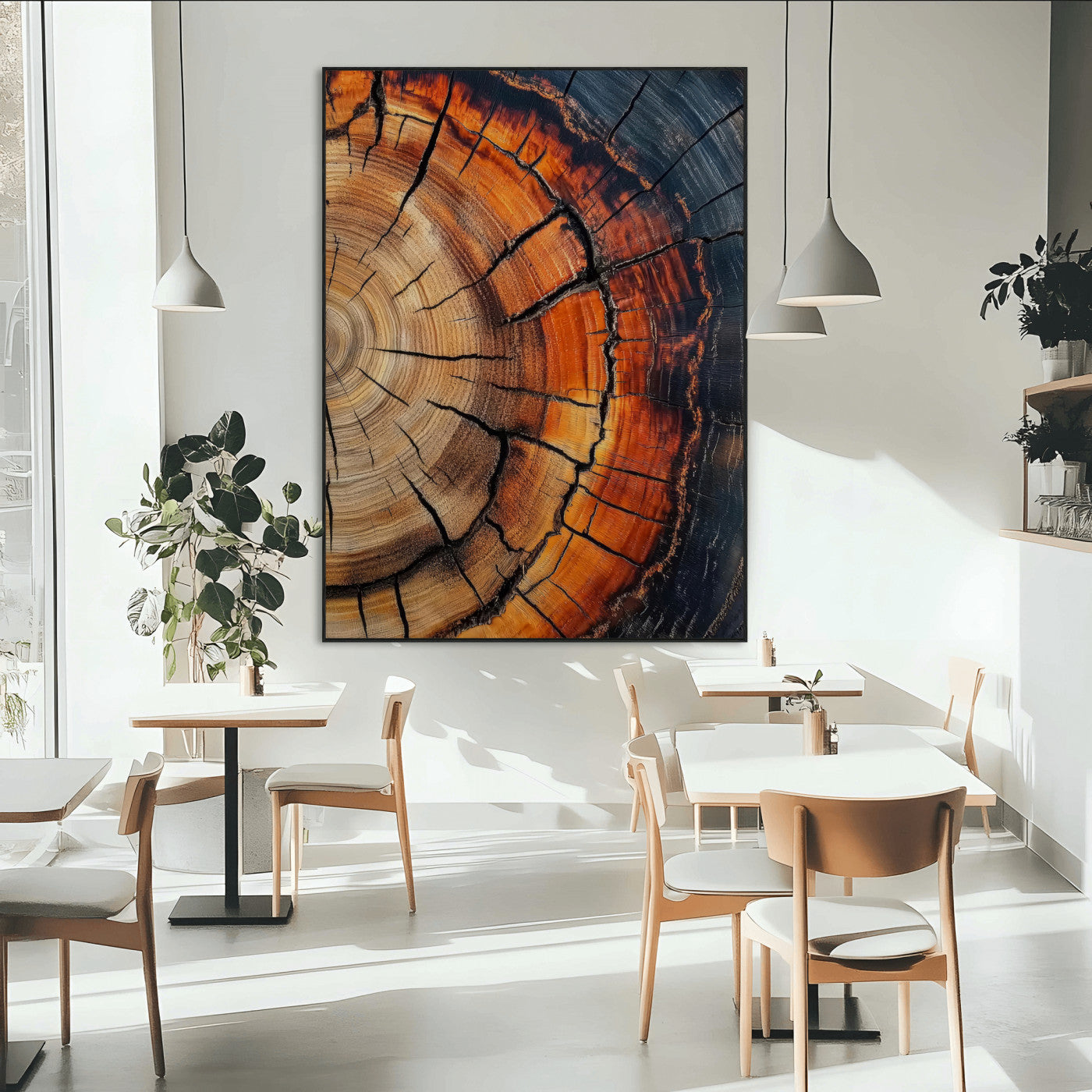 Framed canvas of burnt tree rings with rich wood texture and warm tones, ideal for rustic or earth-inspired interior decor.