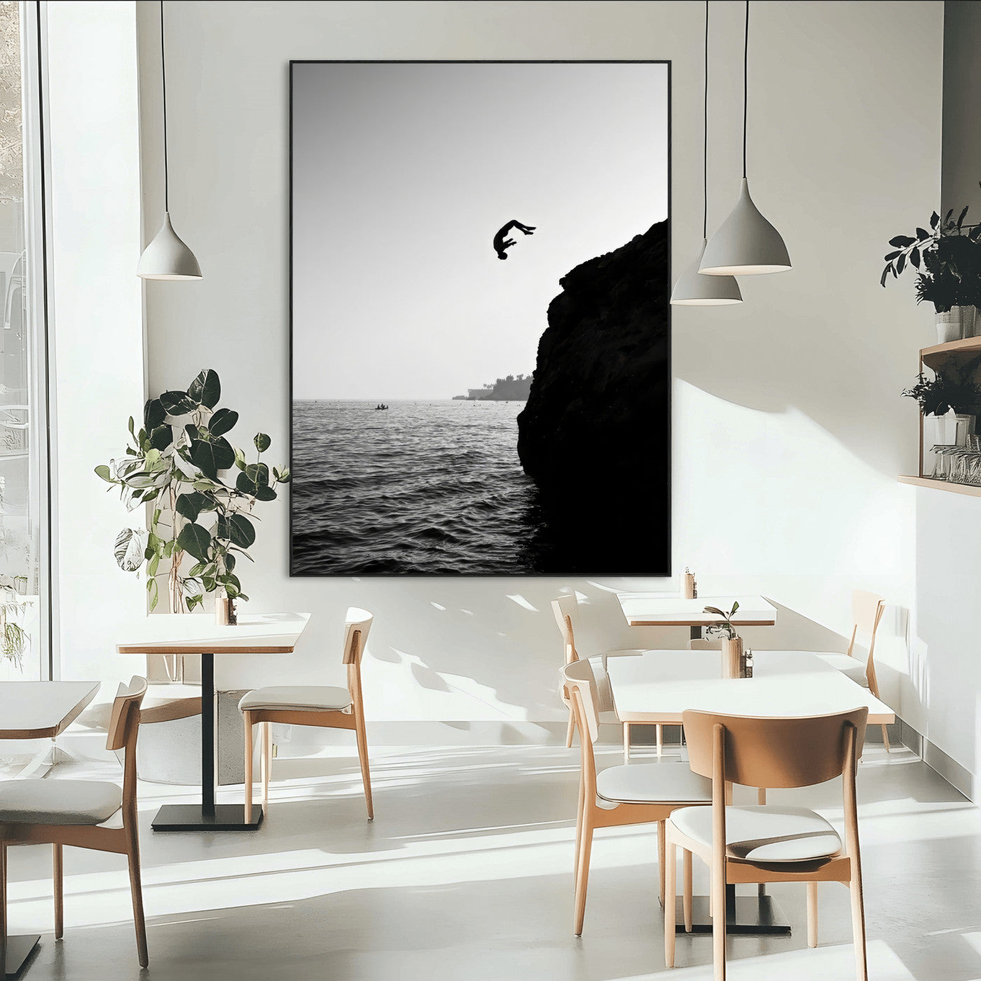Silhouette of a person mid-air during a cliff jump over the ocean, captured in black and white for minimalist adventure decor.