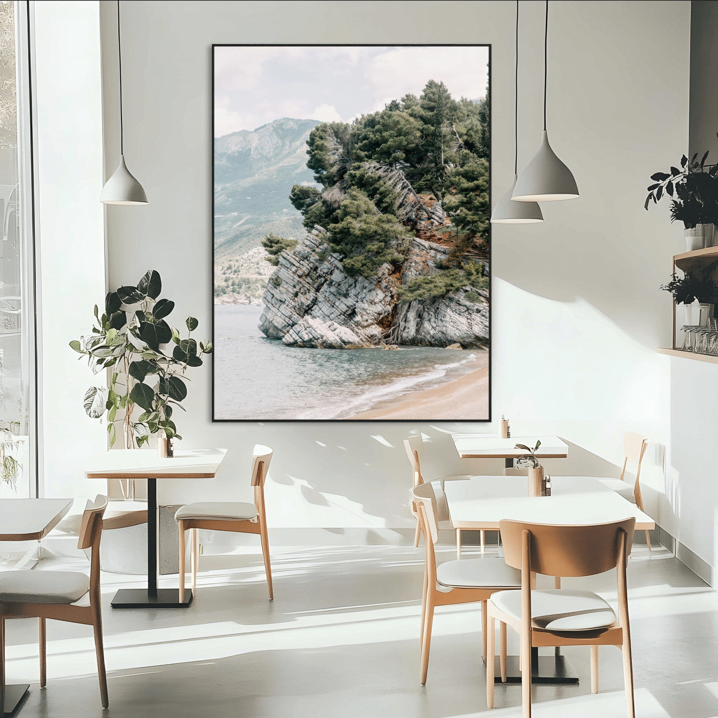 Framed photo of a rocky coastal cliff with dense greenery and calm shoreline, ideal for rustic coastal or earthy-toned home decor.