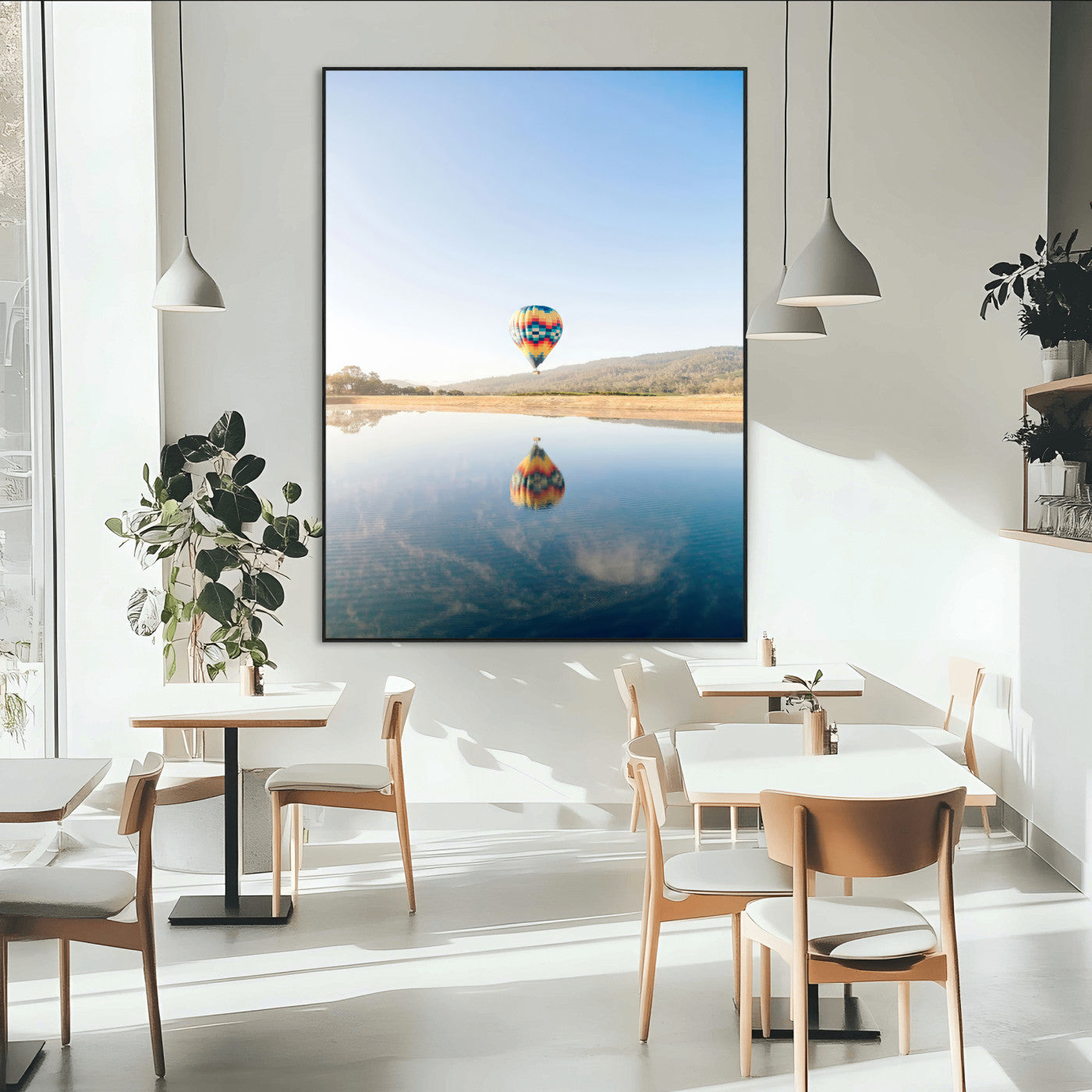 Canvas of a hot air balloon floating above a calm lake with soft reflections and vibrant sky, ideal for modern minimalist or adventure-themed home decor.