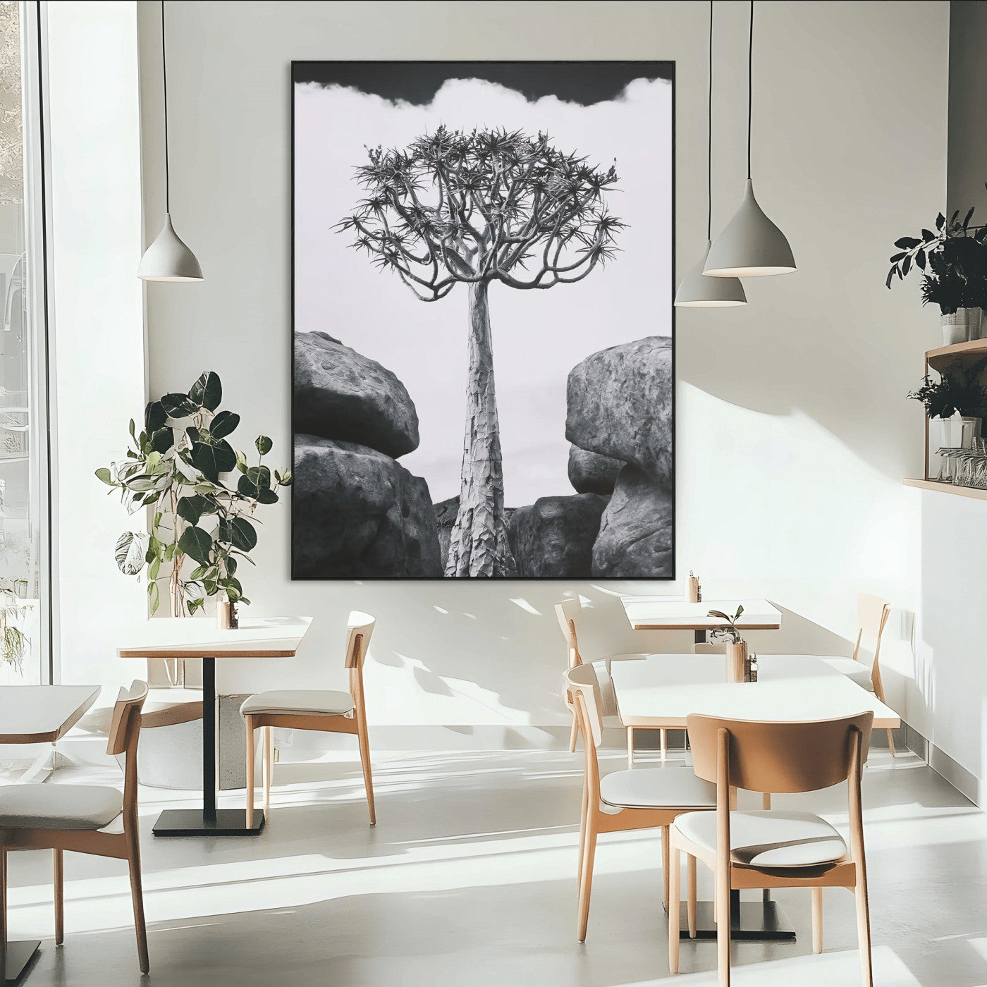Tall desert tree in black and white, standing between large rocks, perfect for bold and minimalist nature-themed interior spaces.