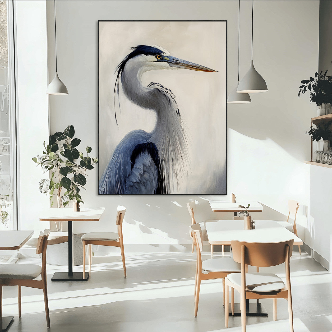 Elegant blue heron in profile with soft brush detail and neutral tones, ideal for nature-themed or coastal minimalist interiors.