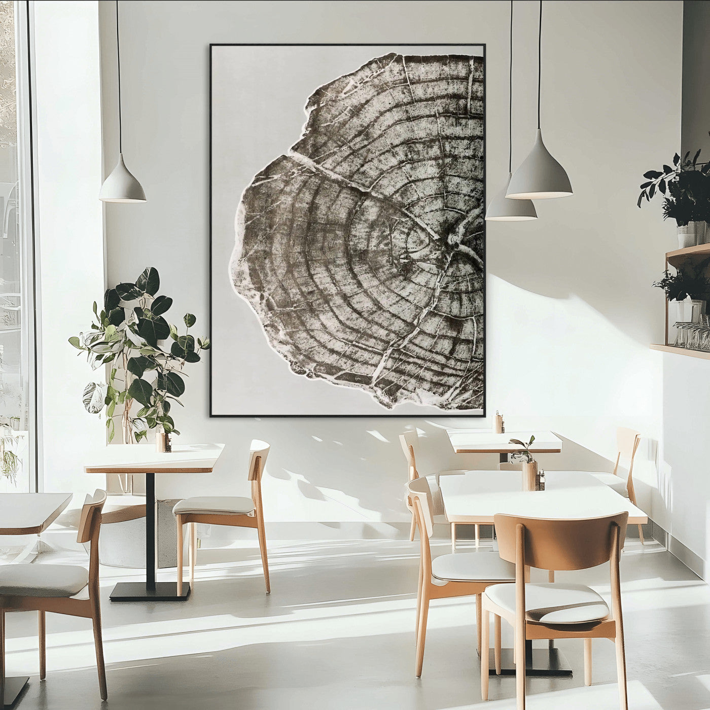 A close-up tree ring cross-section with neutral tones and organic texture, perfect for rustic, modern, or minimalist interior wall decor.