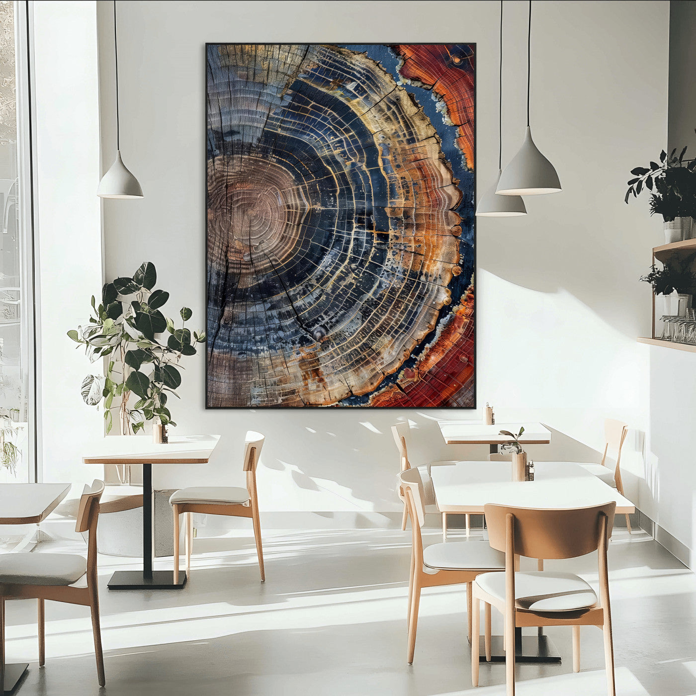 Detailed tree ring cross-section with rich earth tones and wood texture, ideal for rustic, cabin, or nature-inspired interior wall decor.