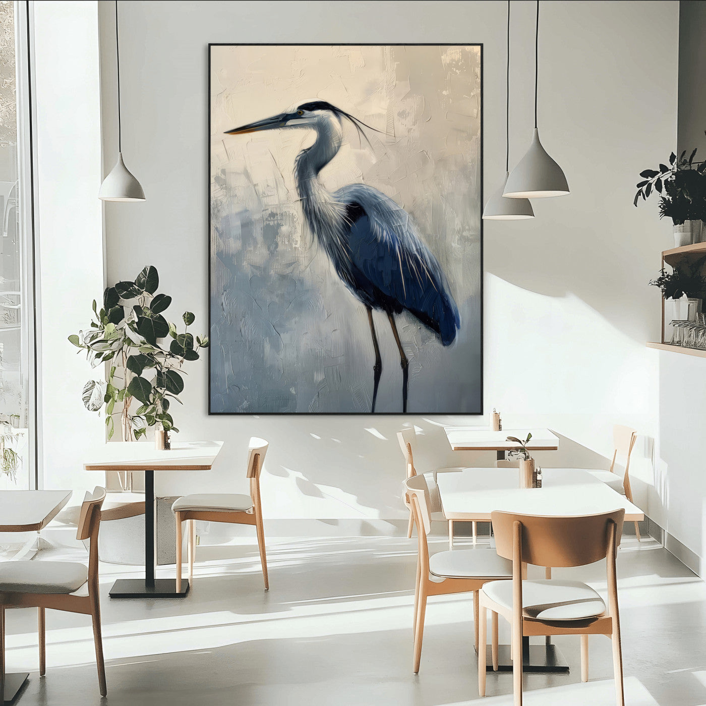 Elegant heron bird standing tall with soft brushstroke texture and muted tones, perfect for coastal or nature-themed home decor.