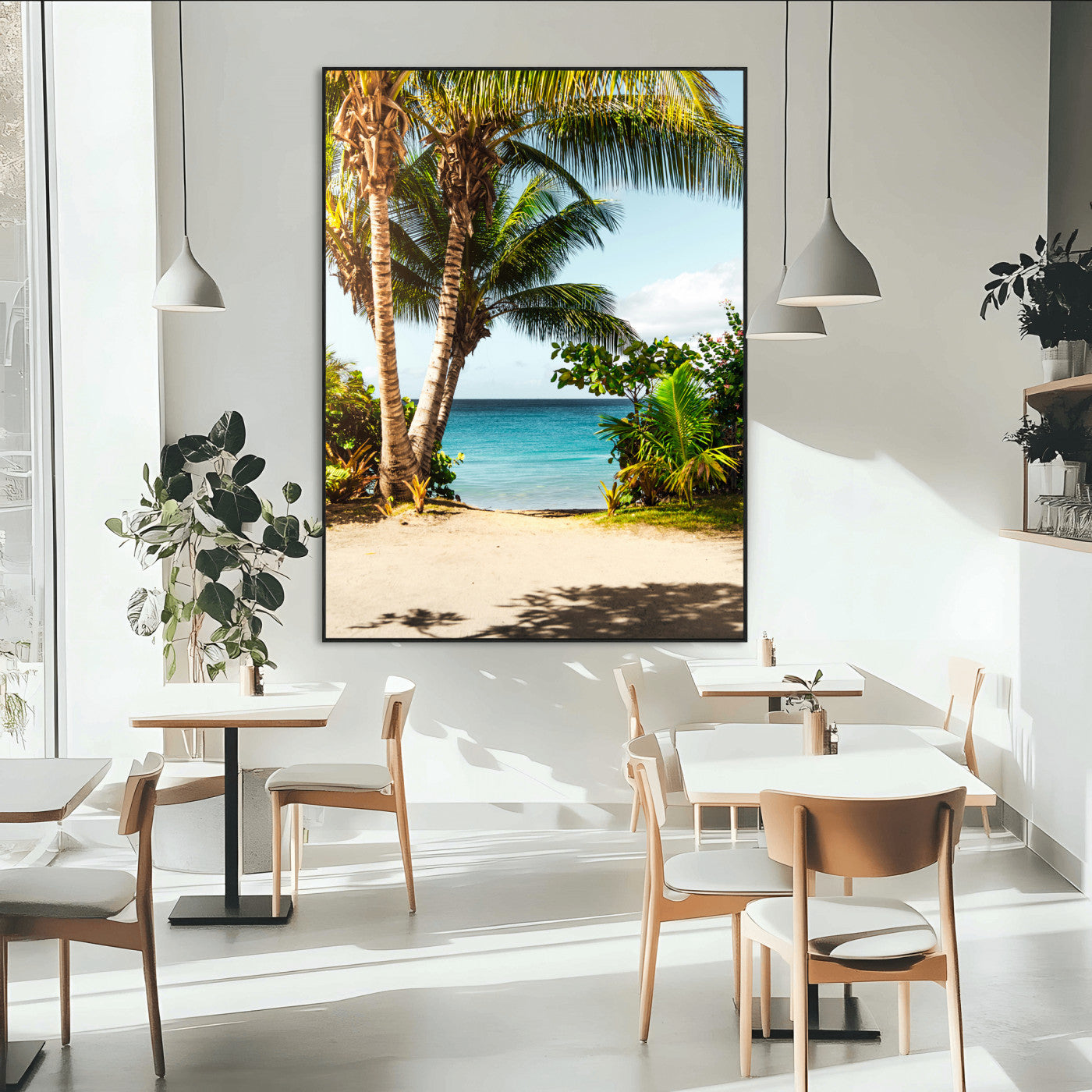 Tropical beach with palm trees, blue ocean, and clear sky, perfect for coastal or beach-themed wall decor in sunny living spaces.