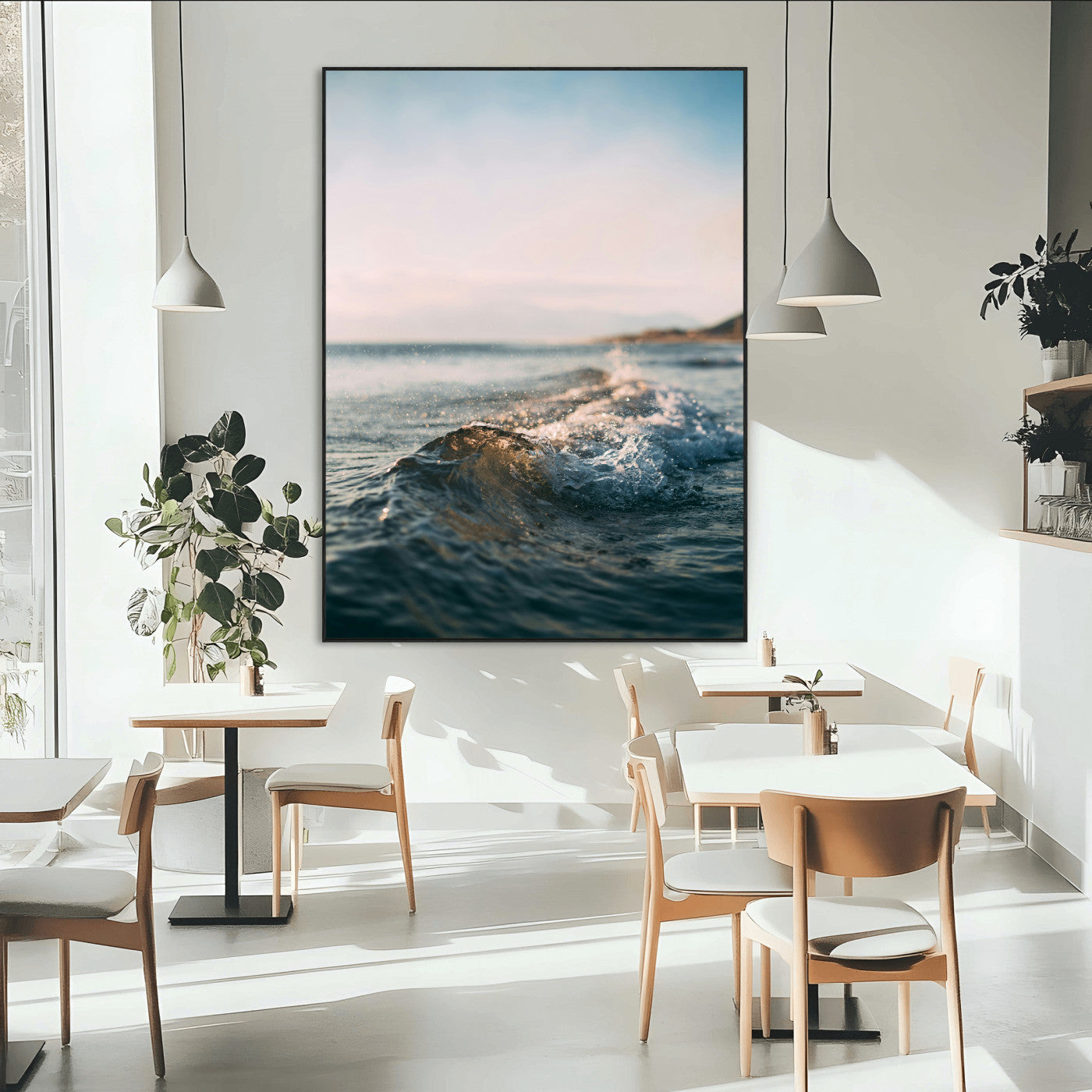 Close-up of ocean waves rolling gently toward the shore at sunset, creating a peaceful and minimalist coastal scene.