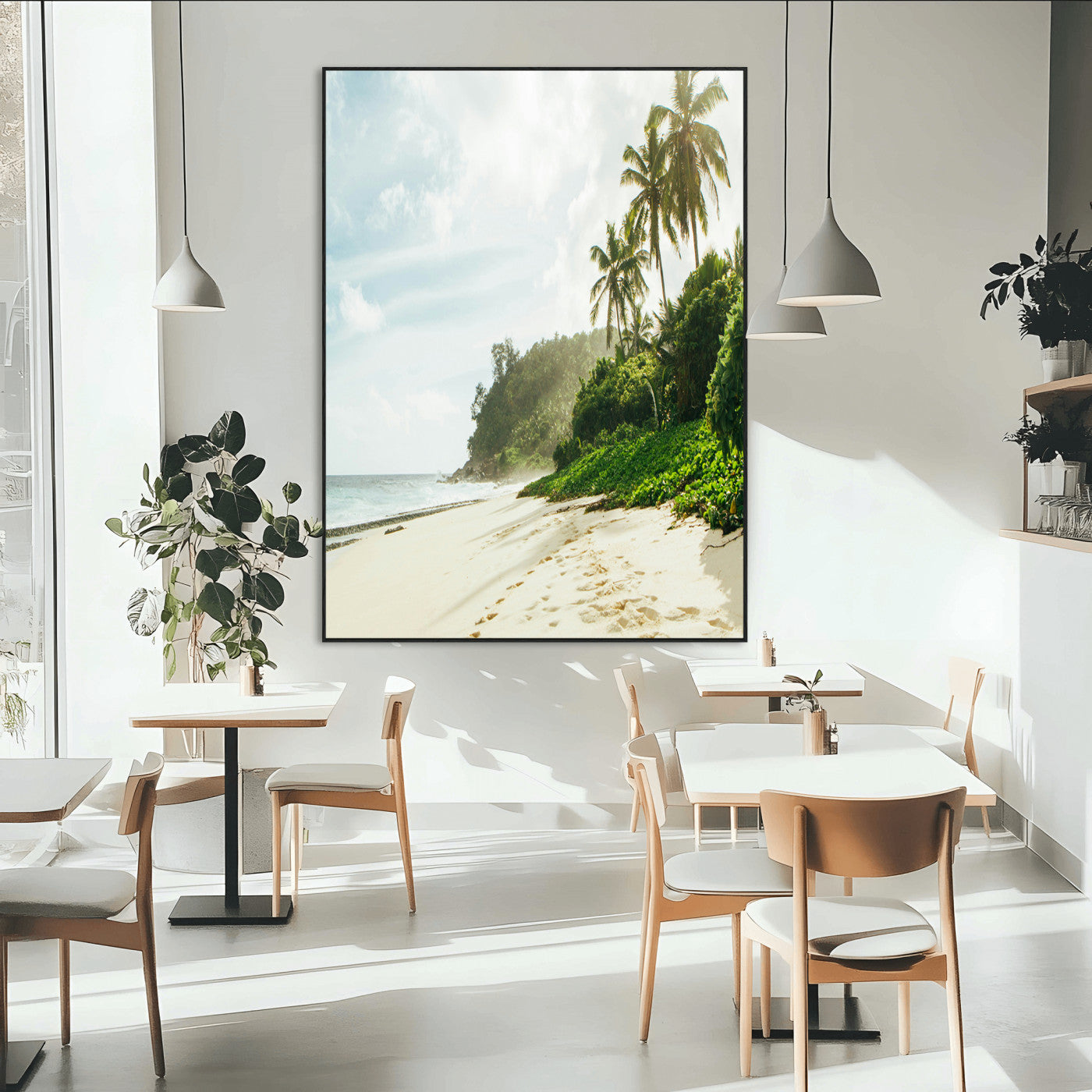 A tropical beach with palm trees, soft sand, and ocean waves under a bright sky, creating a peaceful and relaxing coastal view.