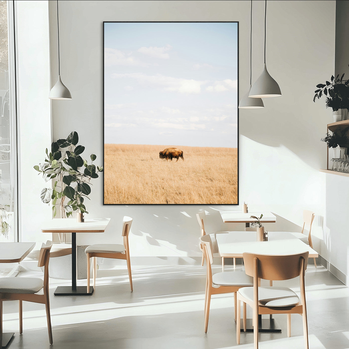 Minimalist Nature Wall Art Canvas Print, Framed Bison In Grassland Art Picture Print, Open Field Perfect Modern Ranch Decor Decor Artwork