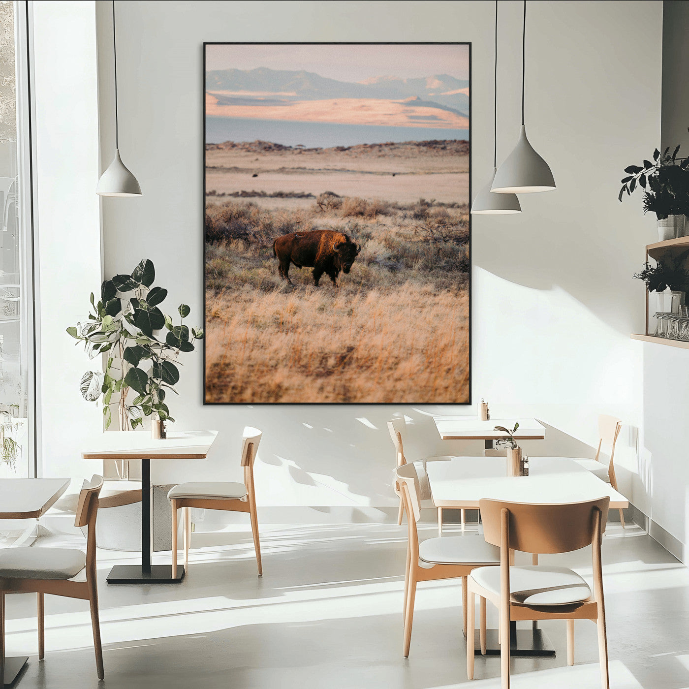 A solitary bison standing in golden prairie grass with distant mountains and soft sunset light, ideal for rustic, lodge, and western decor.