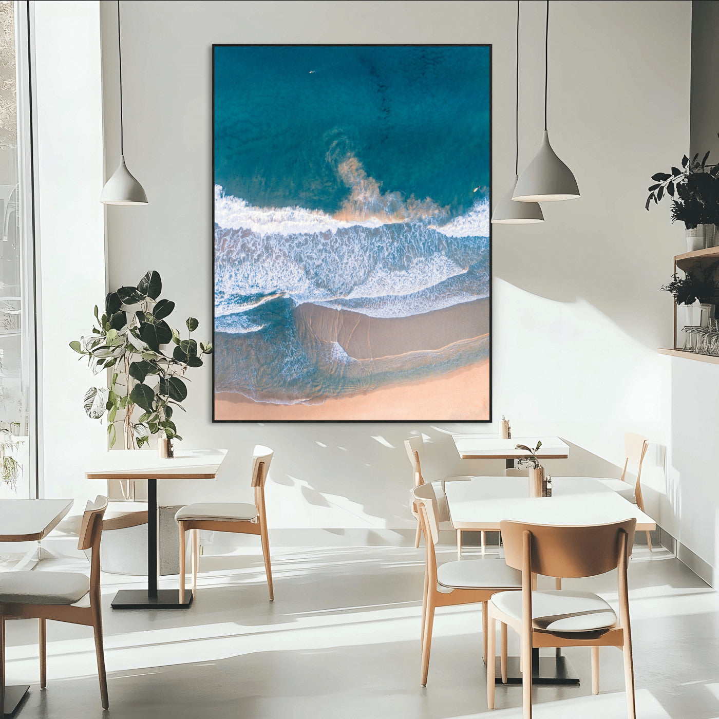 -Aerial Beach View Wall Art Canvas Print, Framed Ocean Waves Art Picture Print, Coastal Serenity Perfect Coastal Minimalist Decor Artwork
