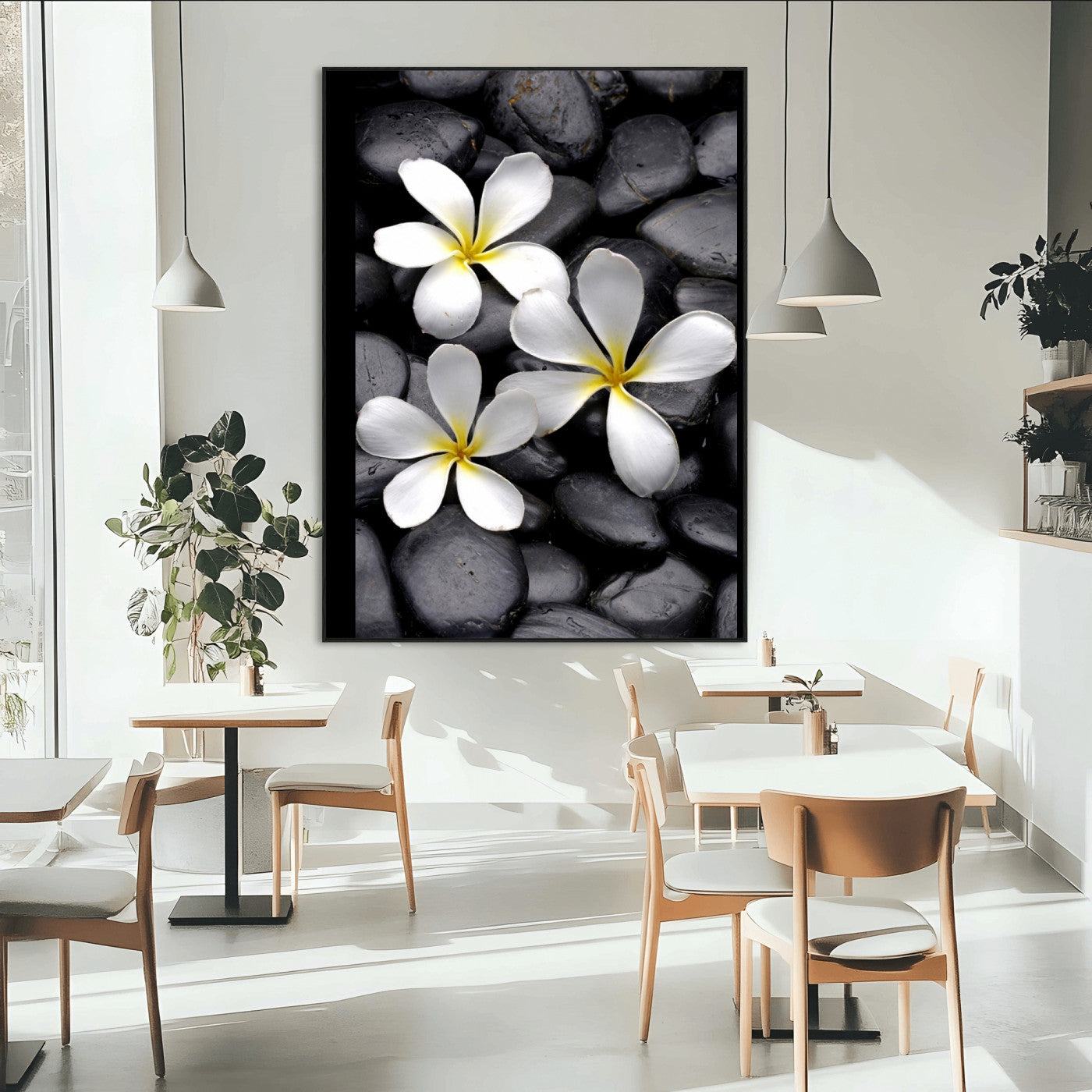 Large Wall Art White Flowers on Black Zen Meditation Stones Vertical Canvas Print