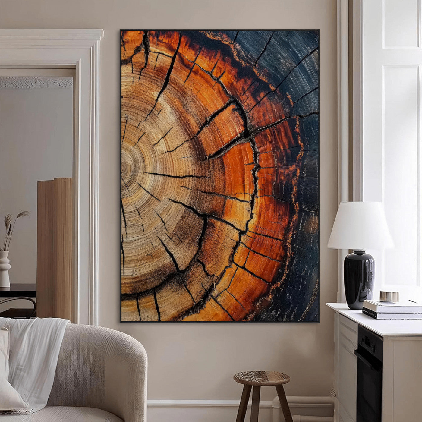 Framed canvas of burnt tree rings with rich wood texture and warm tones, ideal for rustic or earth-inspired interior decor.