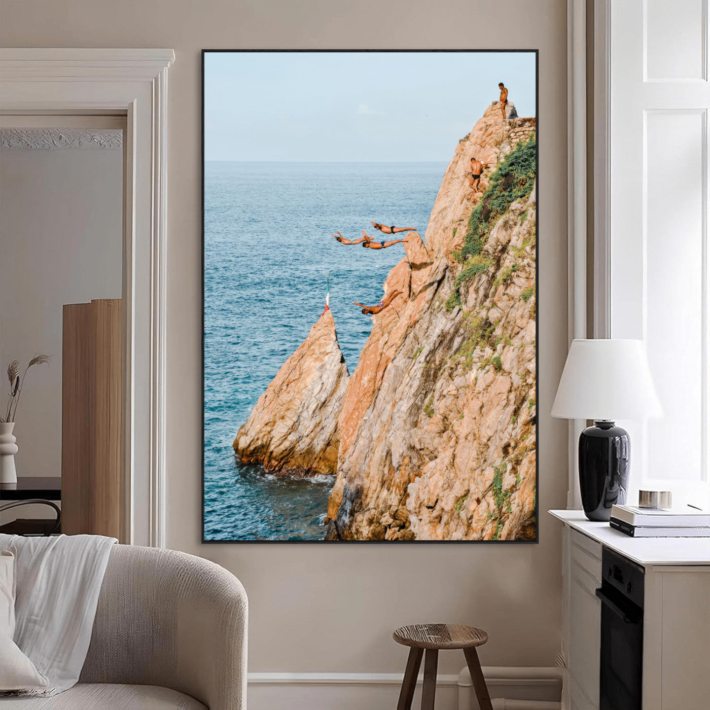 Canvas wall art capturing a bold cliff diving sequence into turquoise waters, perfect for vibrant and adventurous coastal or sporty interiors.