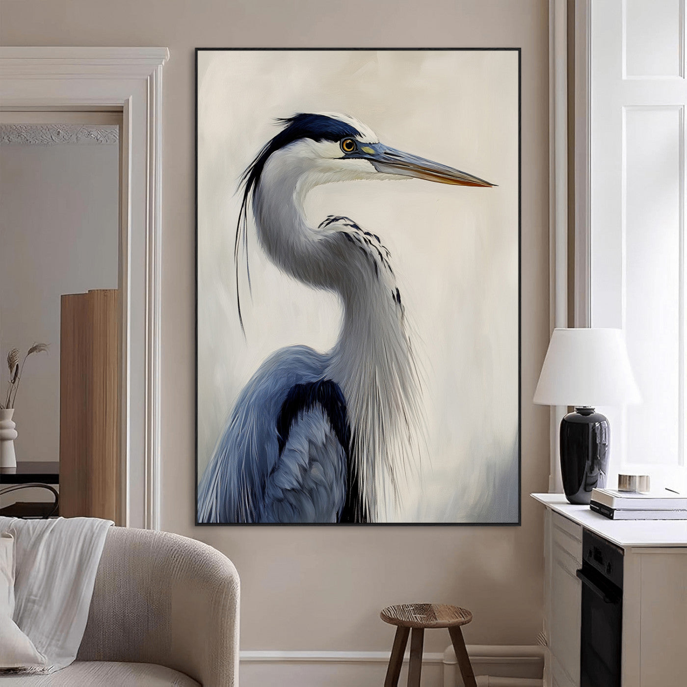 Elegant blue heron in profile with soft brush detail and neutral tones, ideal for nature-themed or coastal minimalist interiors.